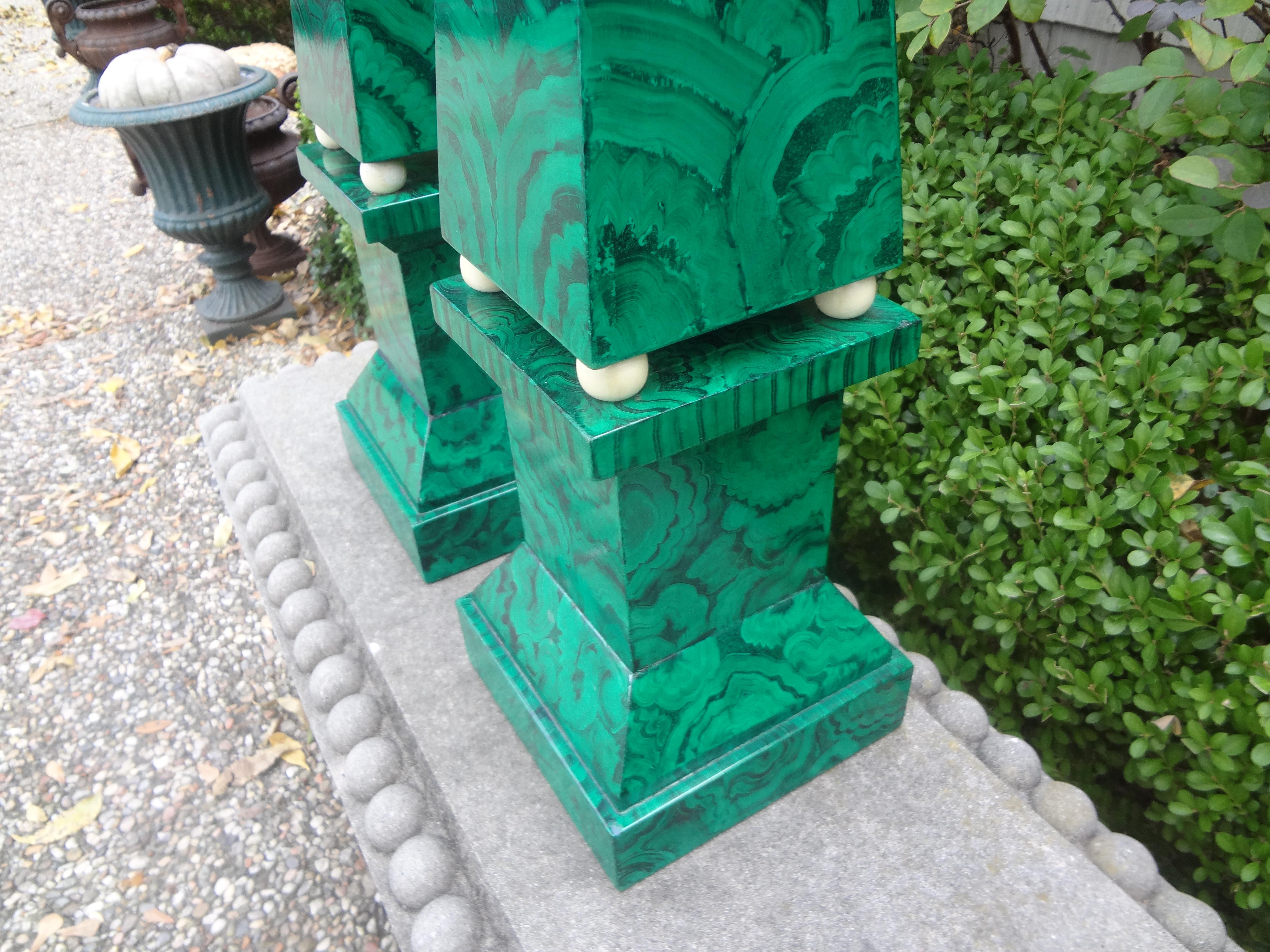 Pair of Large Carved Wood Faux Malachite Obelisks For Sale 3
