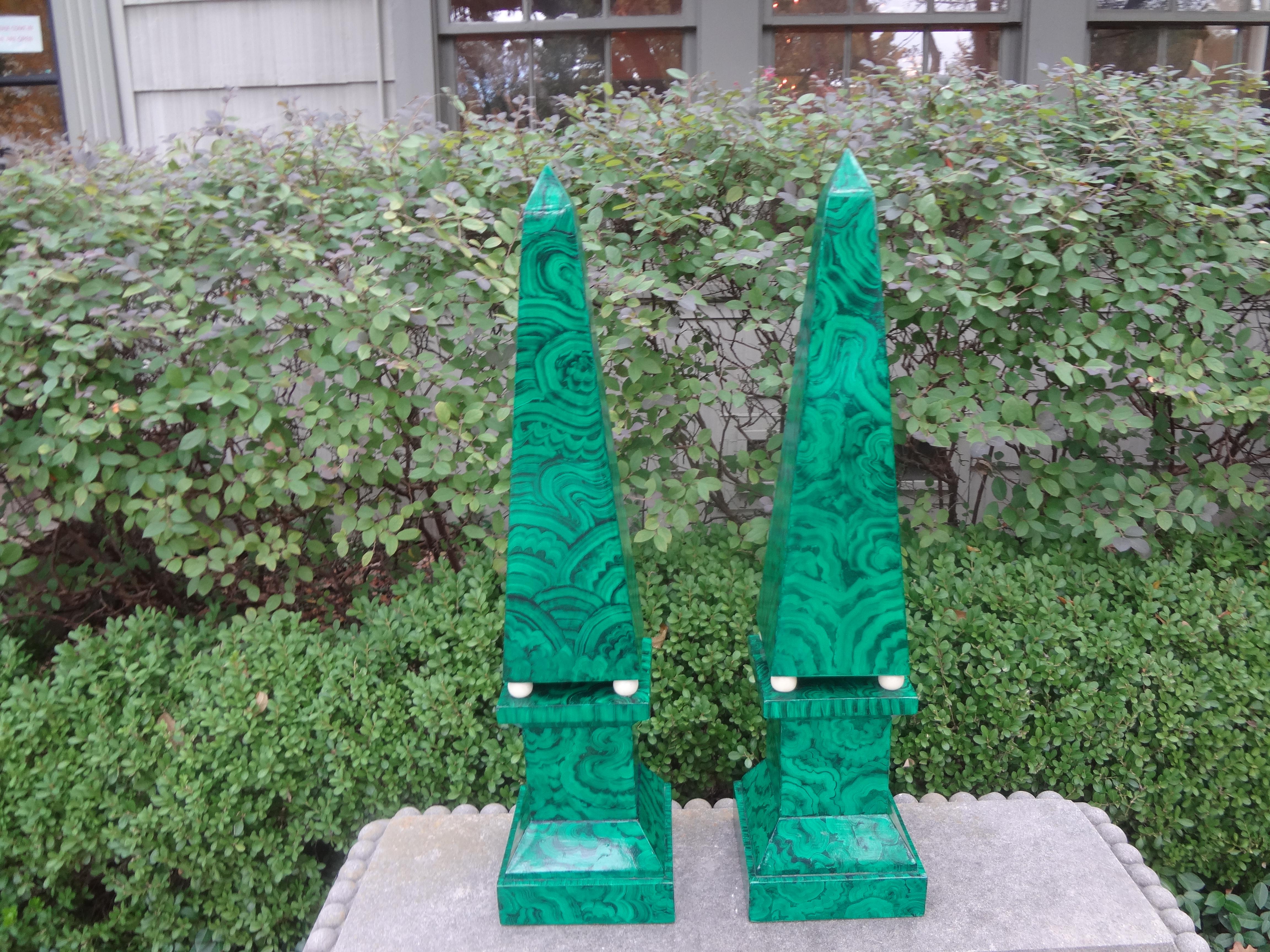 Pair of Large Carved Wood Faux Malachite Obelisks For Sale 5