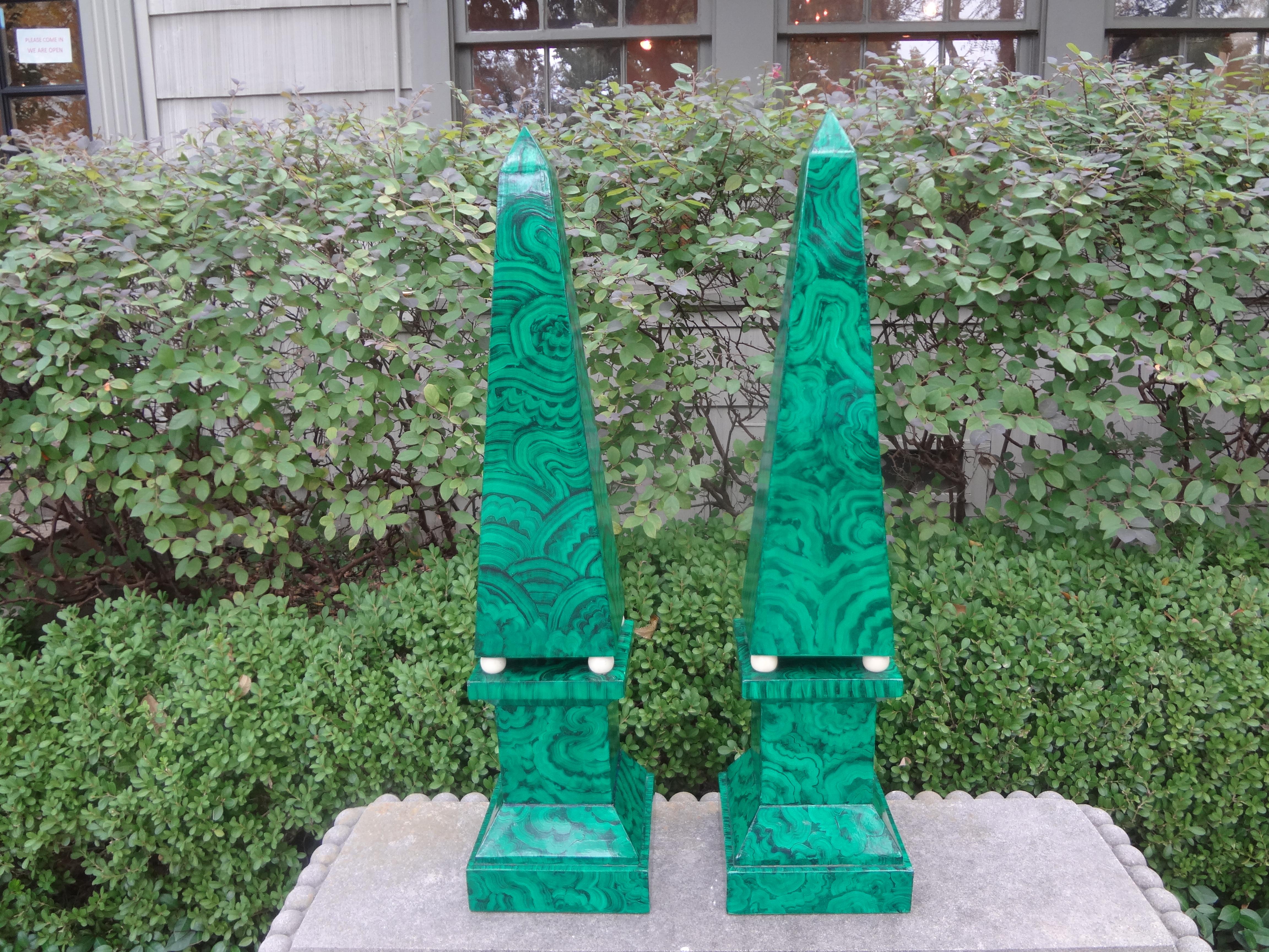 Neoclassical Pair of Large Carved Wood Faux Malachite Obelisks For Sale