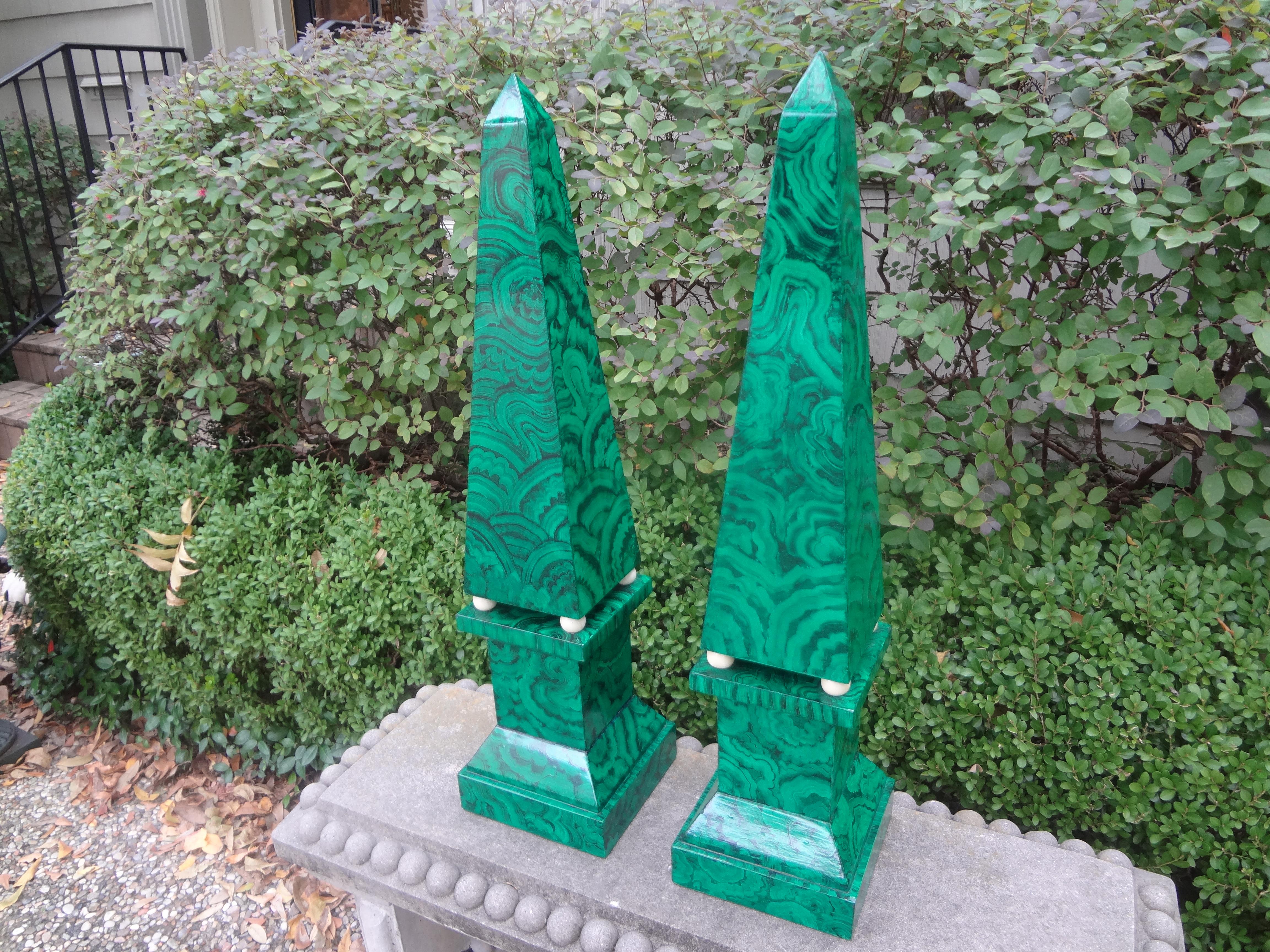 Unknown Pair of Large Carved Wood Faux Malachite Obelisks For Sale