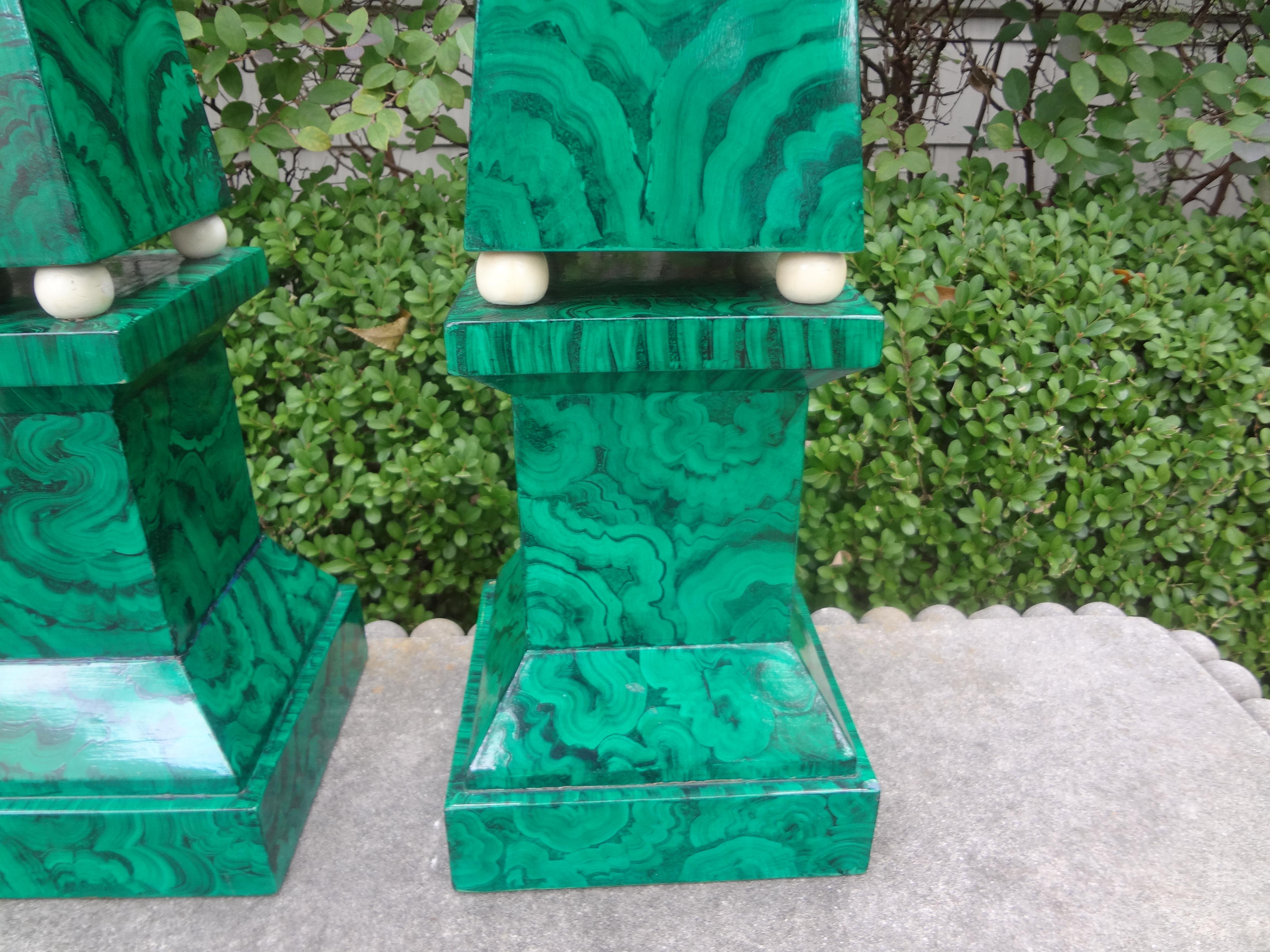 Hand-Painted Pair of Large Carved Wood Faux Malachite Obelisks For Sale