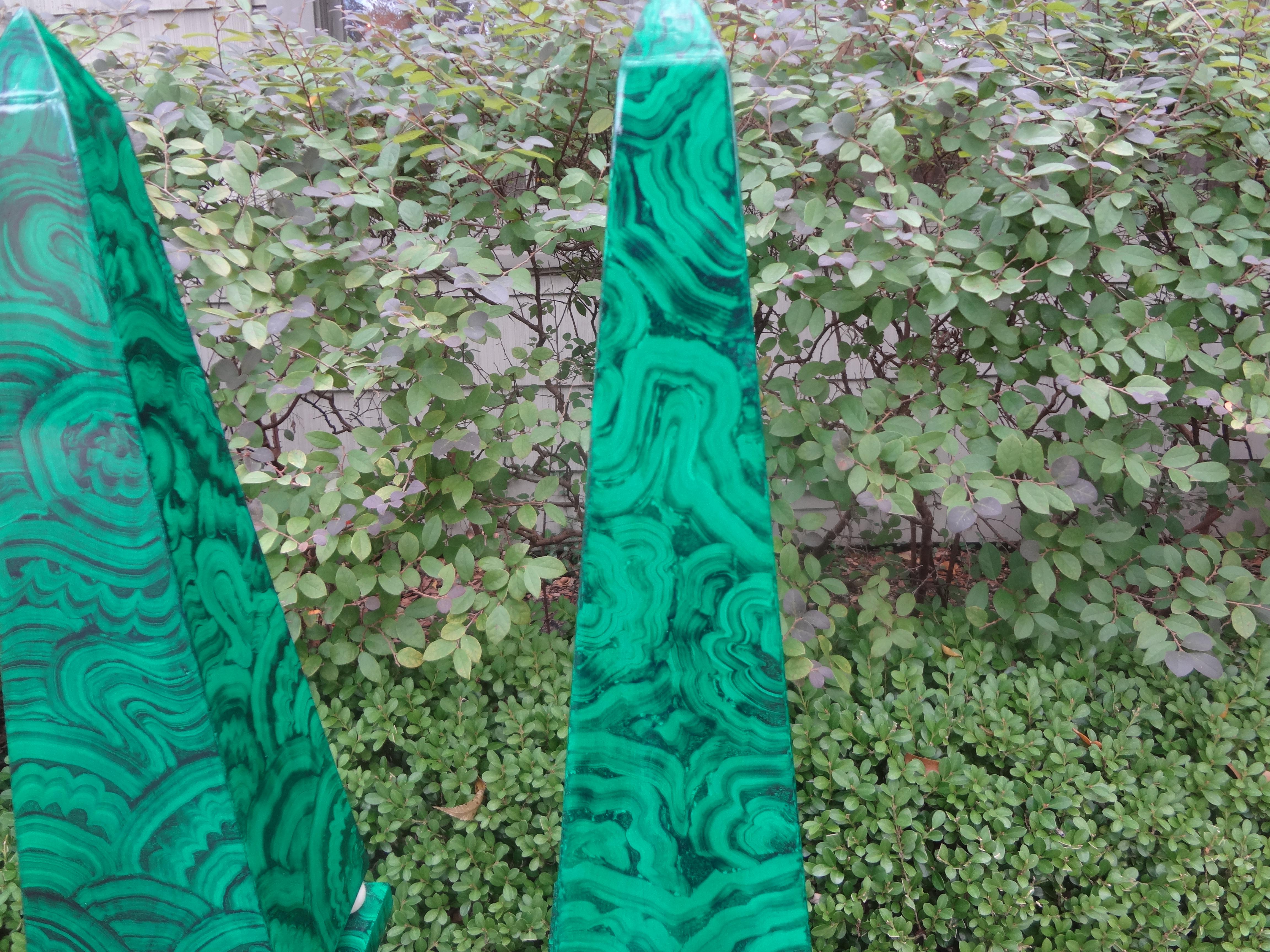 Pair of Large Carved Wood Faux Malachite Obelisks In Good Condition For Sale In Houston, TX
