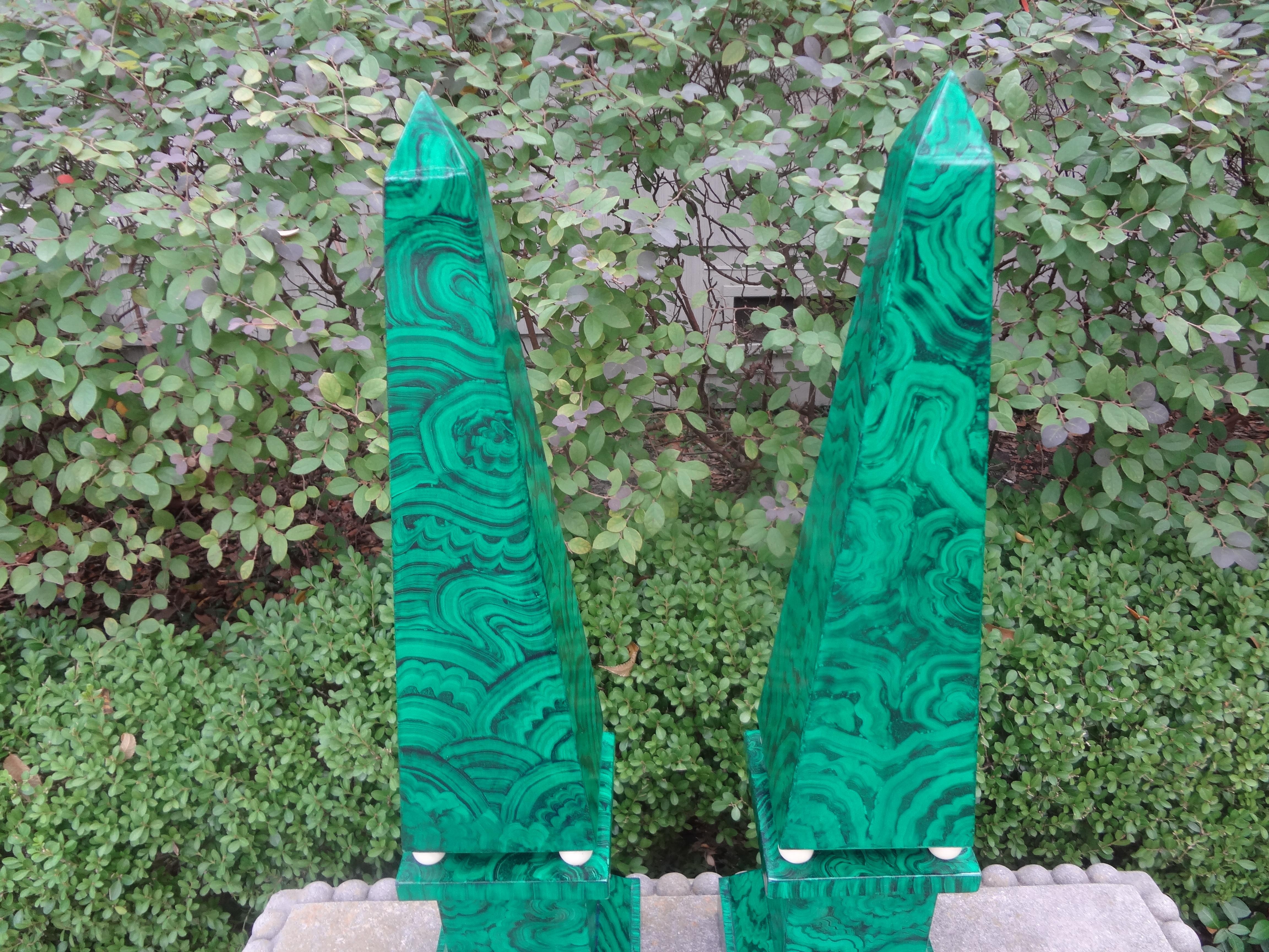 Late 20th Century Pair of Large Carved Wood Faux Malachite Obelisks For Sale