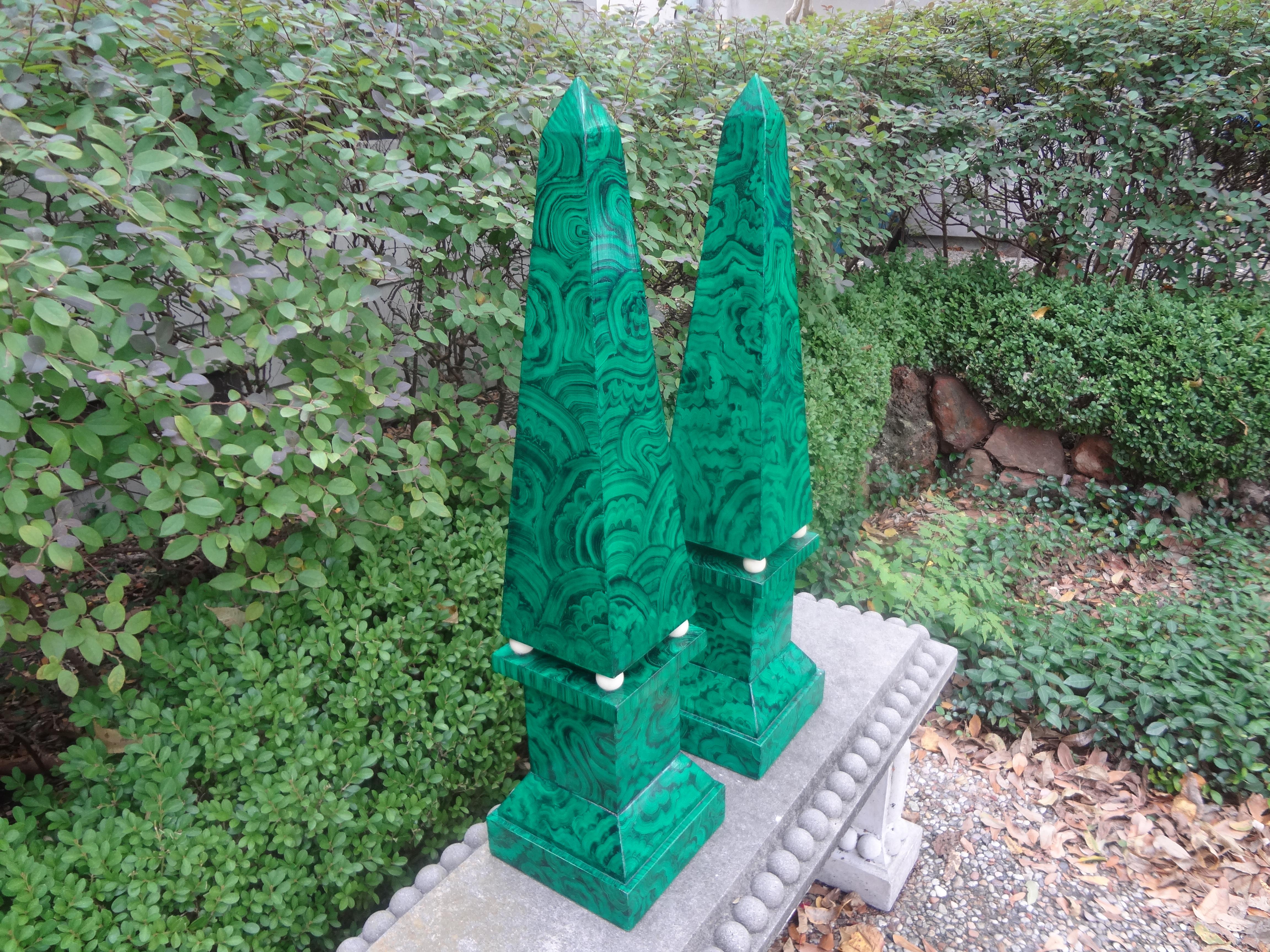 Pair of Large Carved Wood Faux Malachite Obelisks For Sale 1