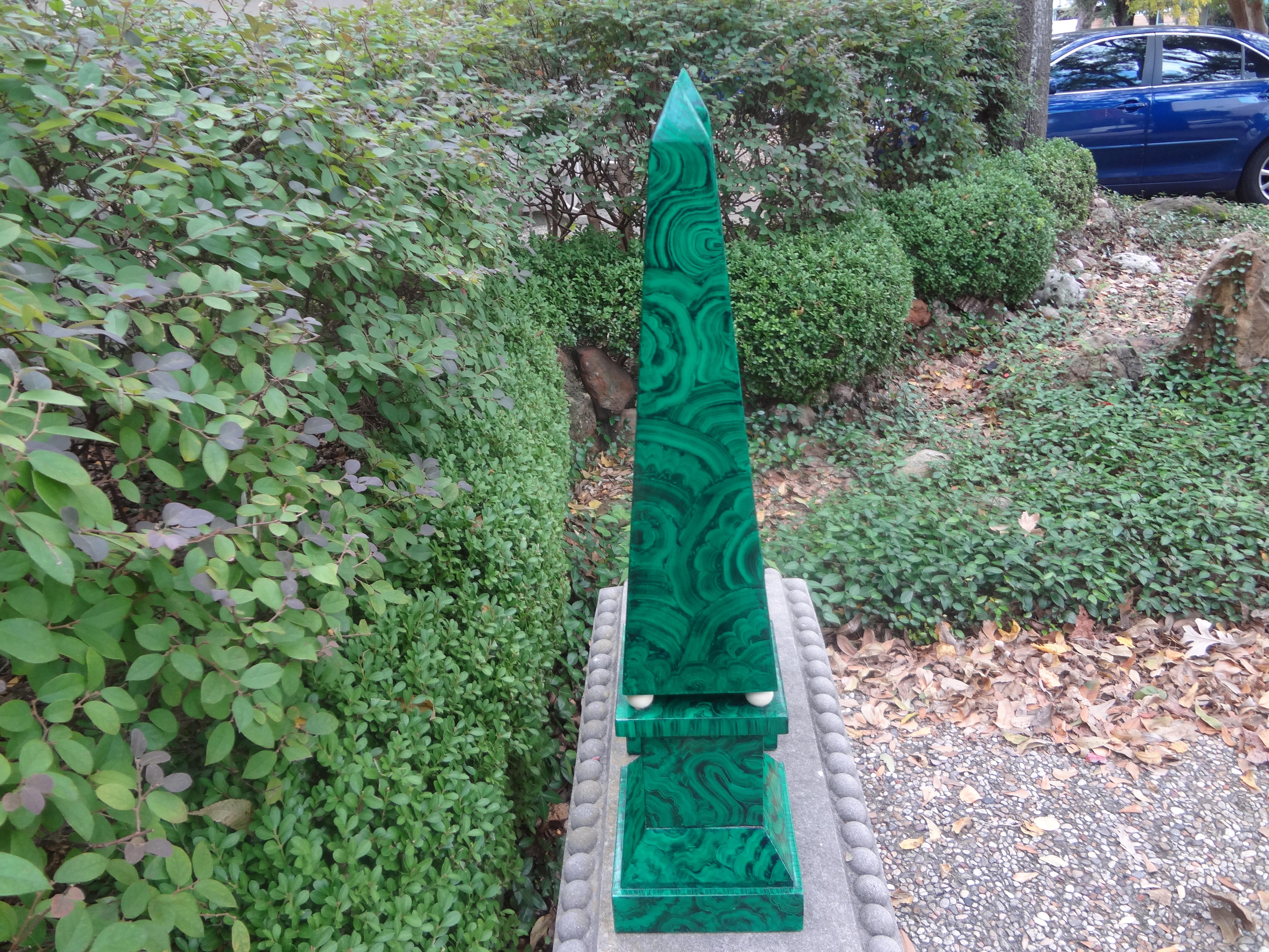 Pair of Large Carved Wood Faux Malachite Obelisks For Sale 2