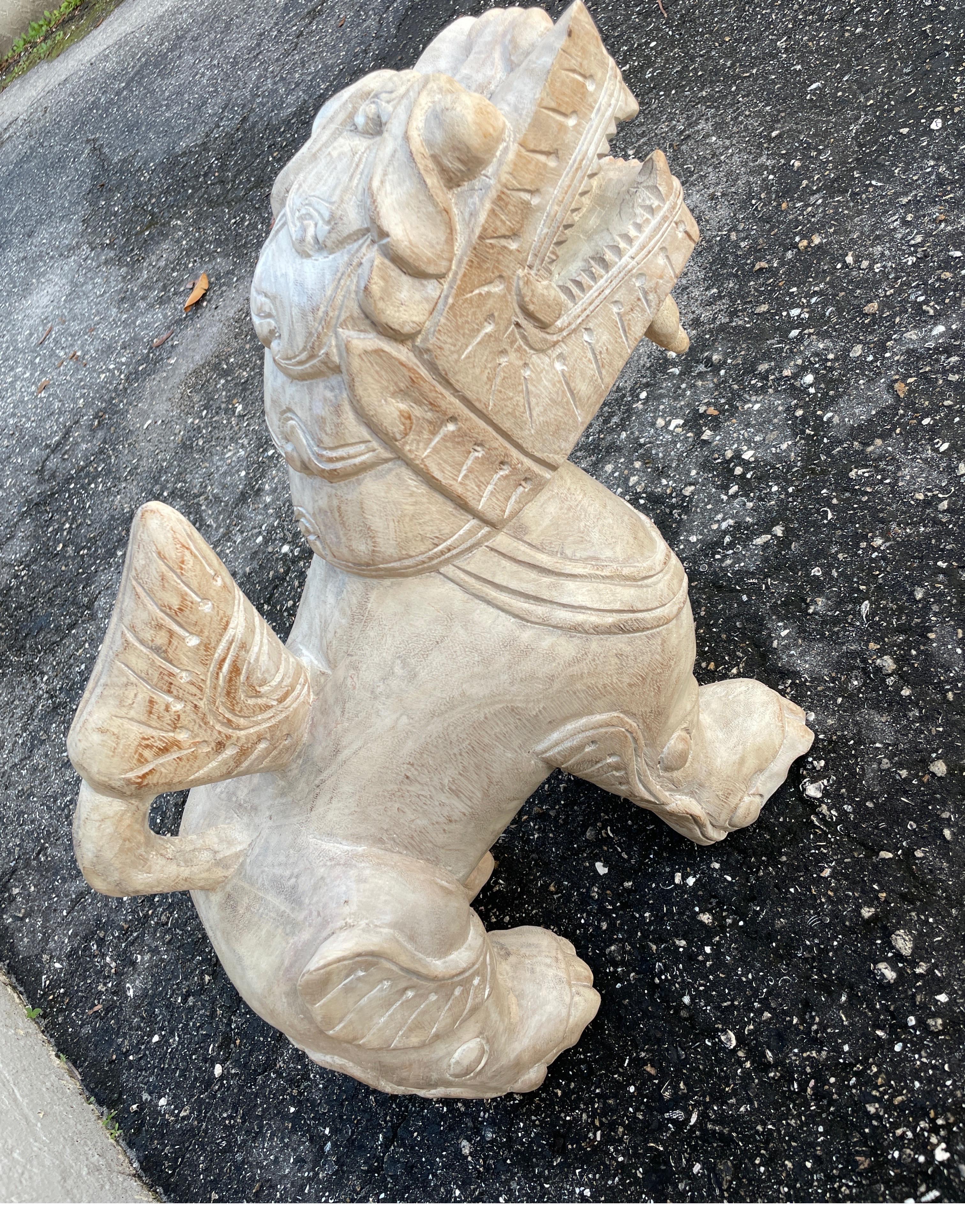 Pair of Large Carved Wood Foo Dogs For Sale 1