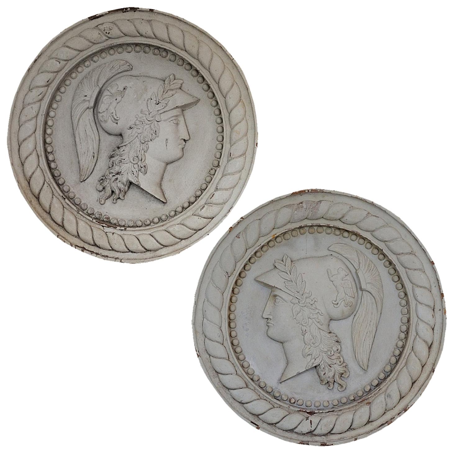 Pair of Large Carved Wood Neoclassical Italian Roundels of Athena/Minerva For Sale