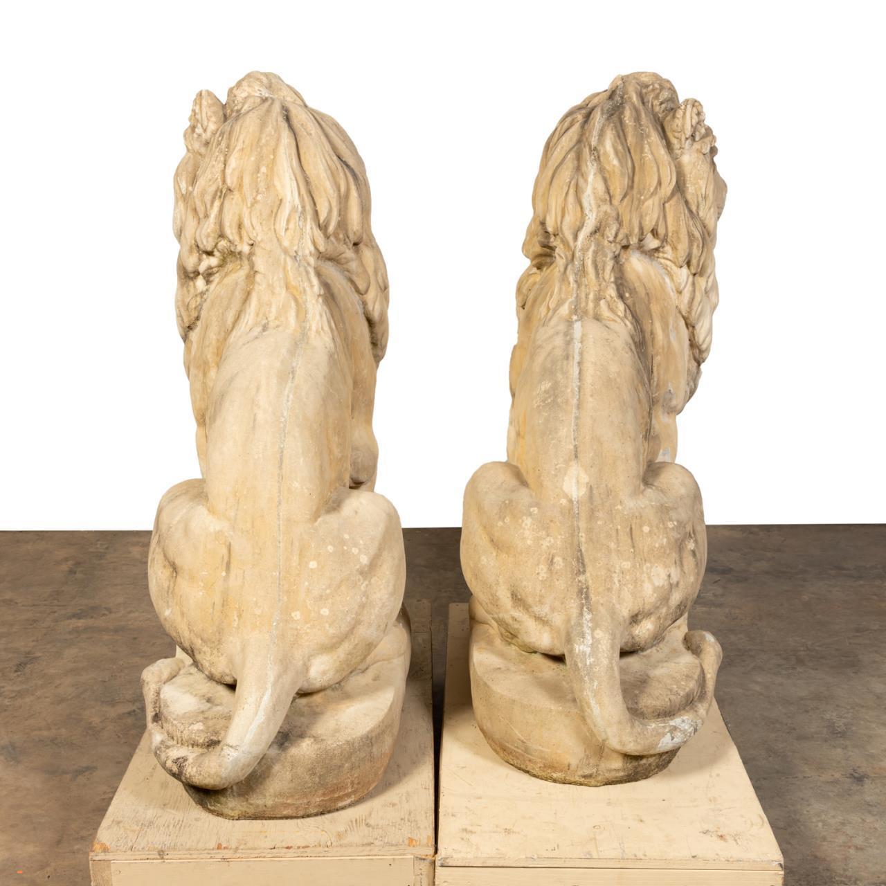 French Pair of Large Cast and Carved Stone Lions