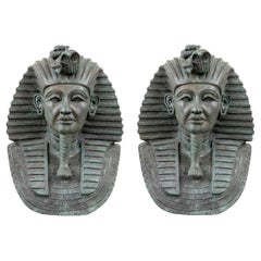 Vintage Pair of Large Cast Bronze Busts of Egyptian Pharaohs