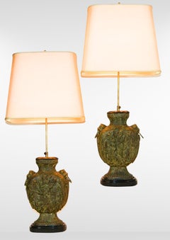 Pair of Large Cast Bronze Chinese Figurine Desk Lamps James Mont attr.