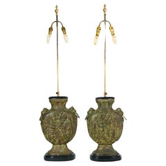 Pair of Large Cast Bronze Chinese Figurine Desk Lamps James Mont attr.