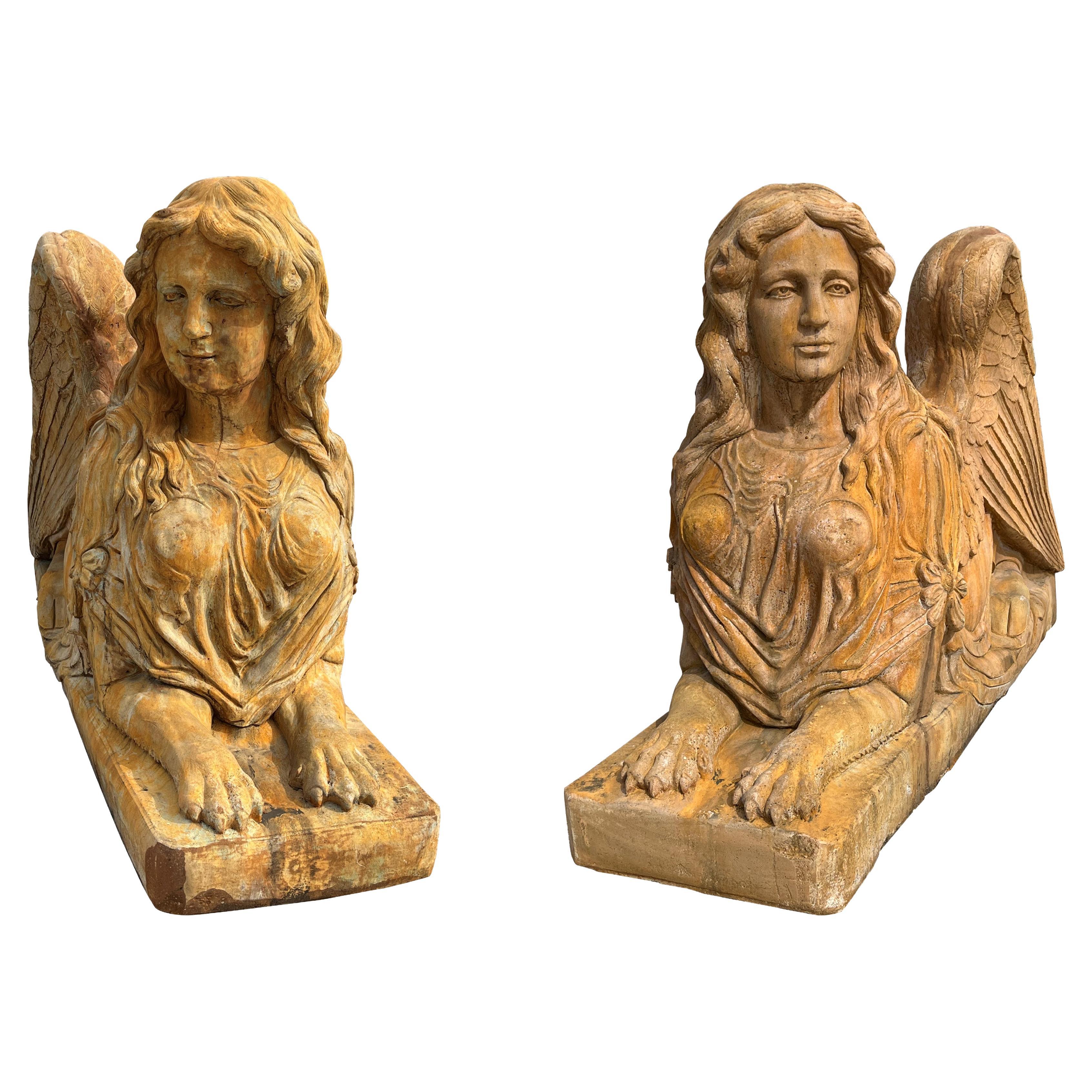 Pair of Large Cast Garden Sphinxes from Northern France