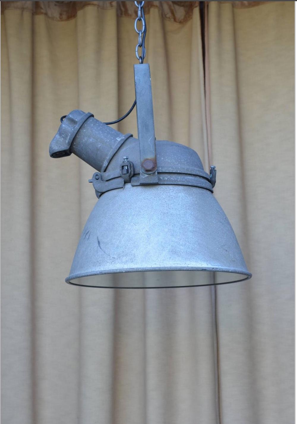 American Pair of Large Cast Iron, Aluminum and Glass Industrial Hanging Lights For Sale