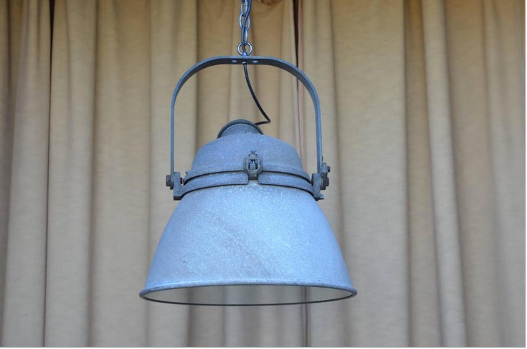 Pair of Large Cast Iron, Aluminum and Glass Industrial Hanging Lights In Good Condition For Sale In Los Angeles, CA