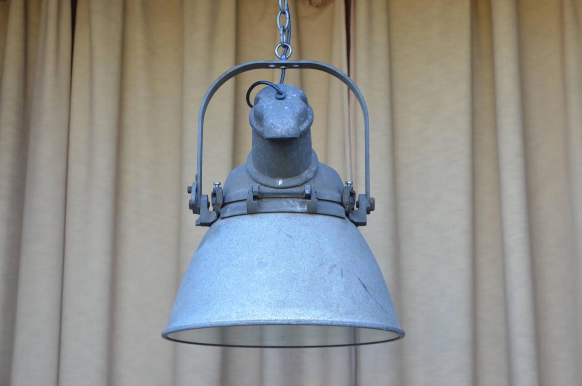20th Century Pair of Large Cast Iron, Aluminum and Glass Industrial Hanging Lights For Sale