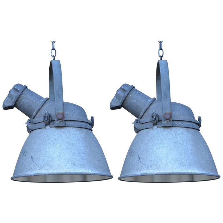 Pair of Large Cast Iron, Aluminum and Glass Industrial Hanging Lights For Sale