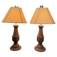 Pair of Large Cast Iron Architectural Table Lamps with Foliate Finials