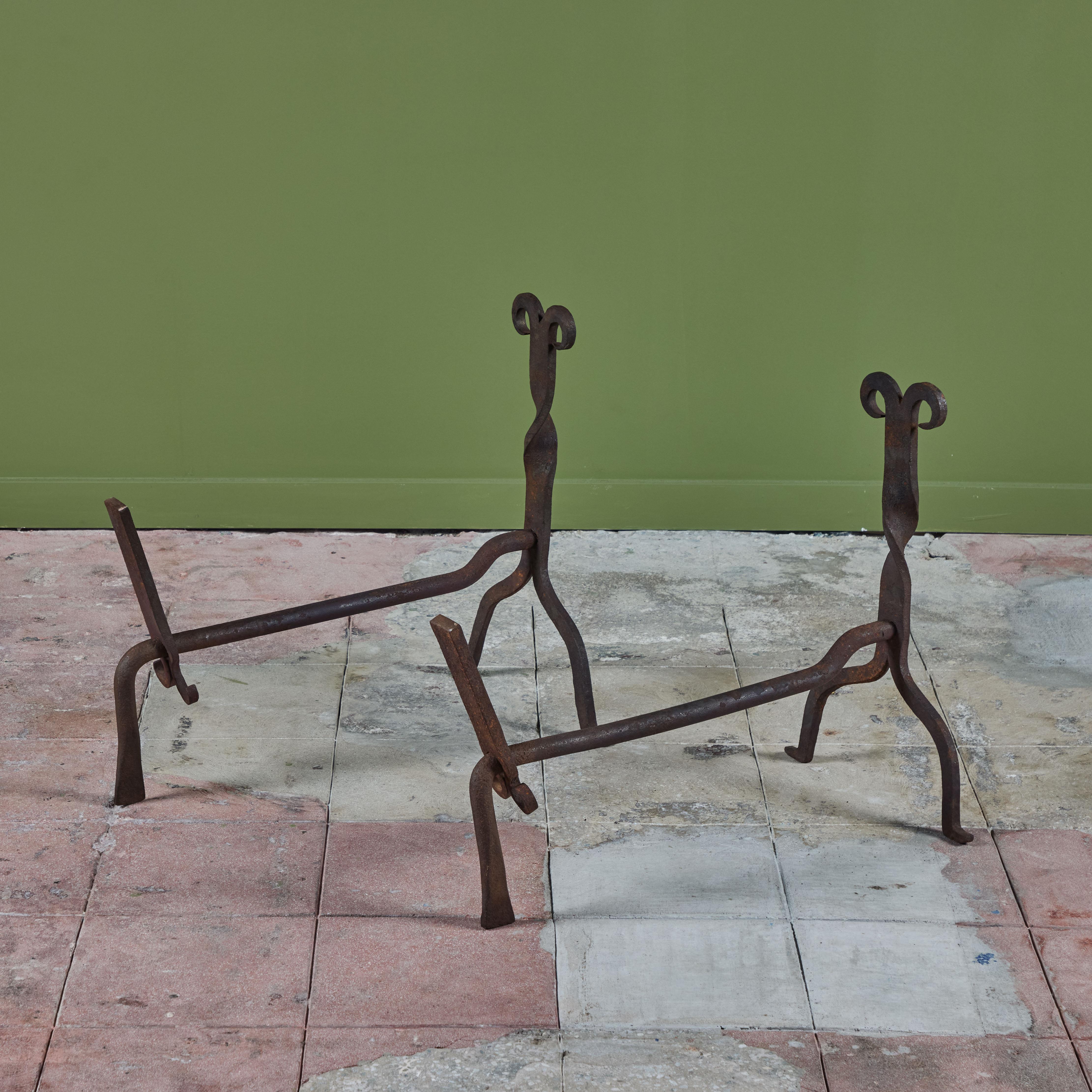 20th Century Pair of Large Cast Iron Arts and Crafts Andirons For Sale