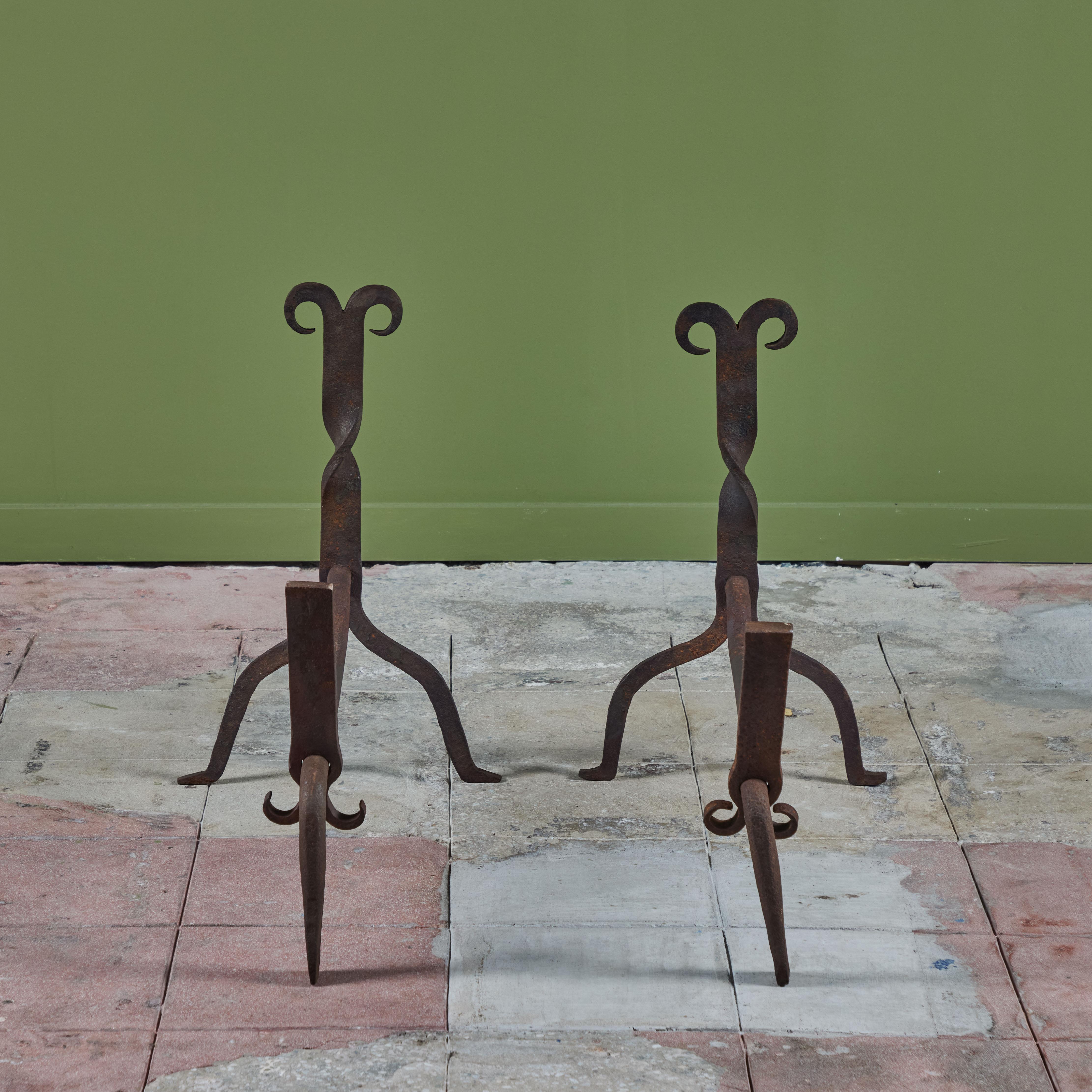 Pair of Large Cast Iron Arts and Crafts Andirons For Sale 1