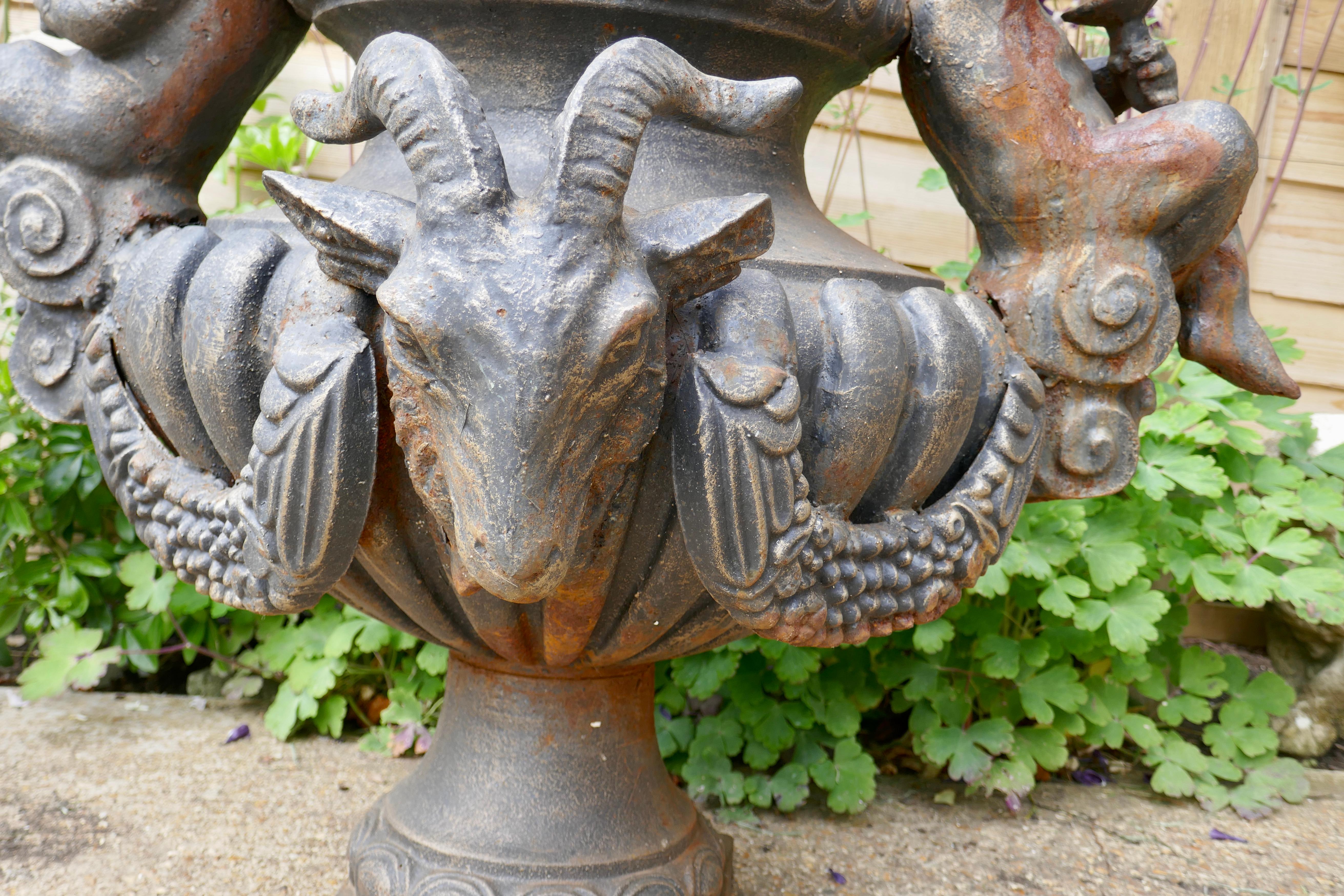 Pair of Large Cast Iron Garden Urns with Rams and Putti For Sale 2