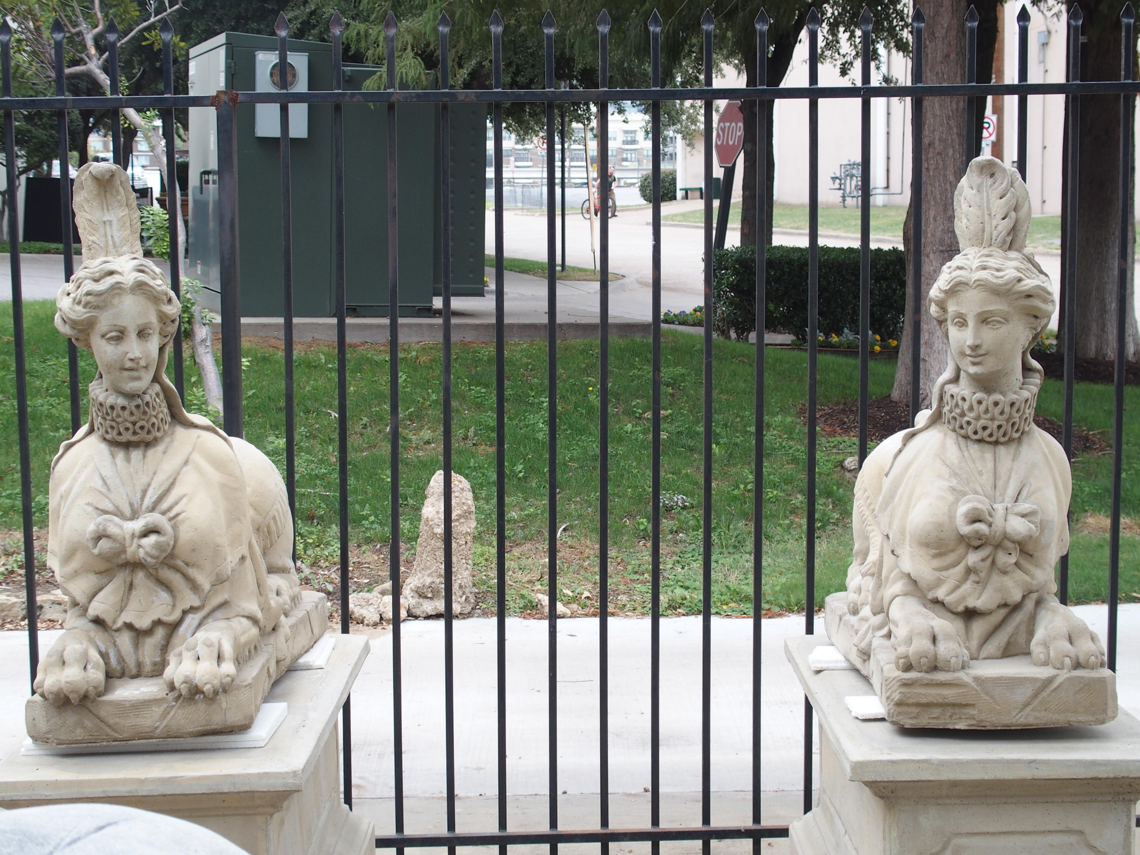 Pair of Large Cast Stone Sphinxes on Pedestal Bases 14