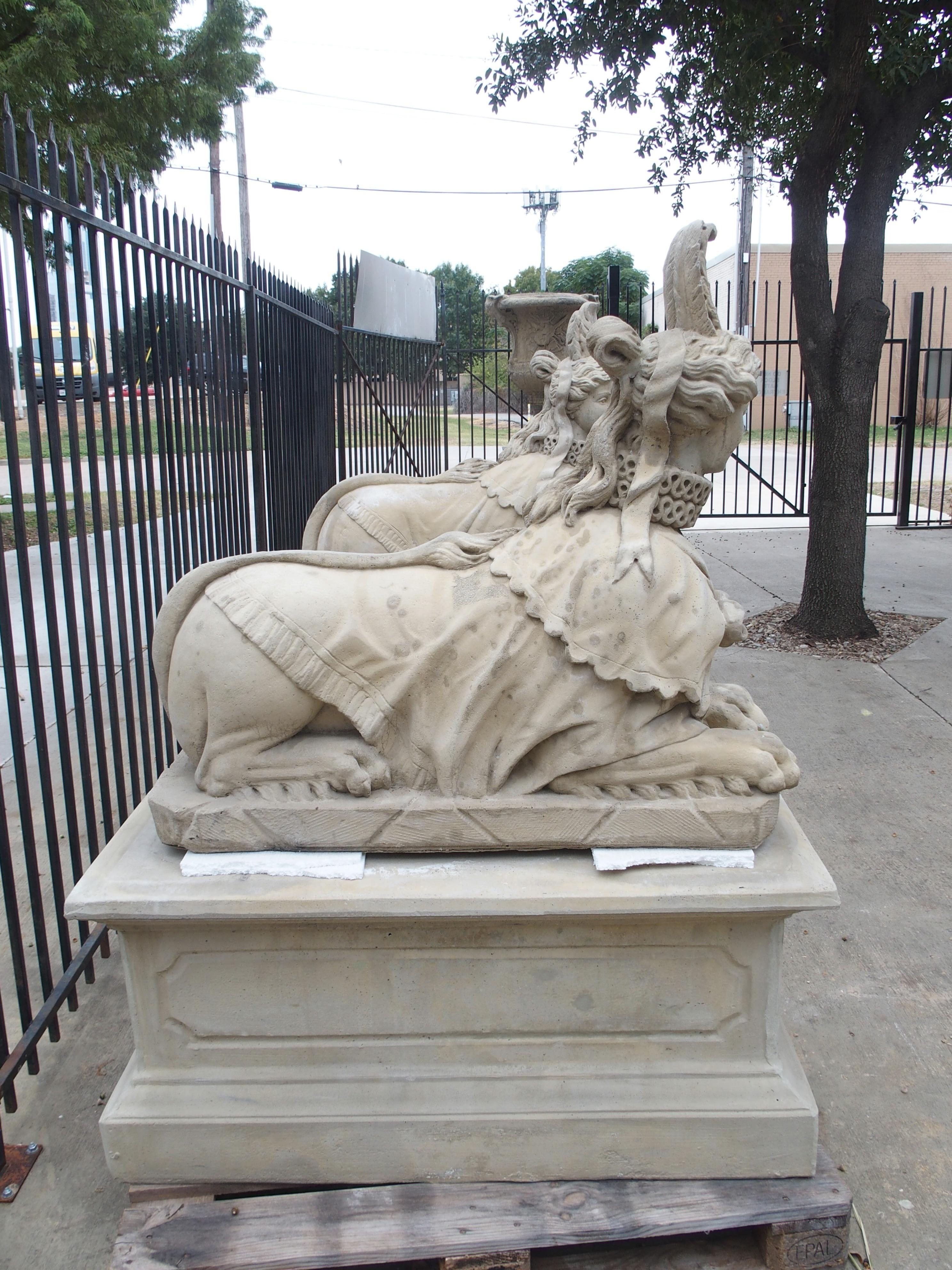 Pair of Large Cast Stone Sphinxes on Pedestal Bases In Good Condition In Dallas, TX