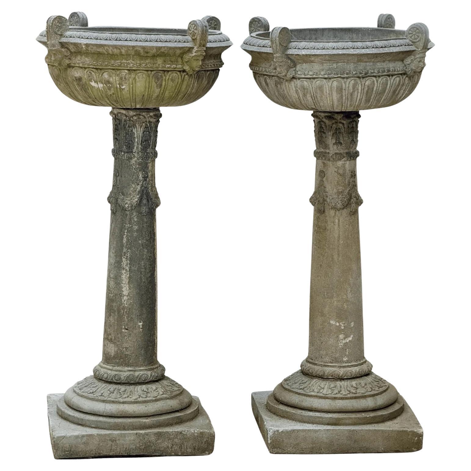 Pair of Large Cast Stone Urns For Sale
