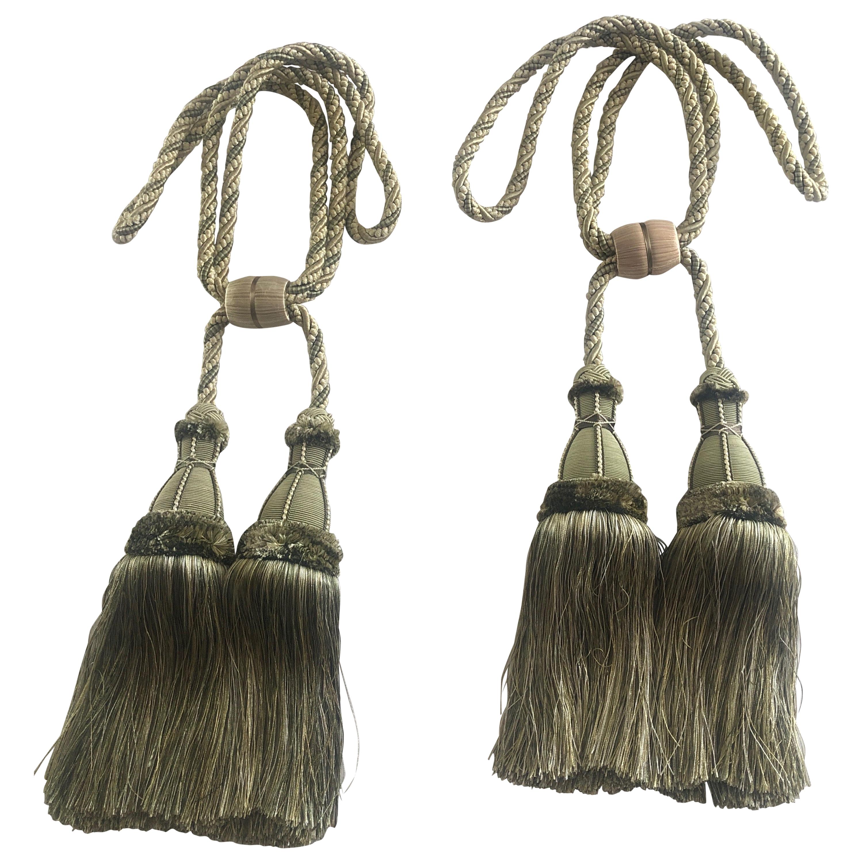 Pair of Large French Gold Silk Handmade Tassels, Passementerie Curtain