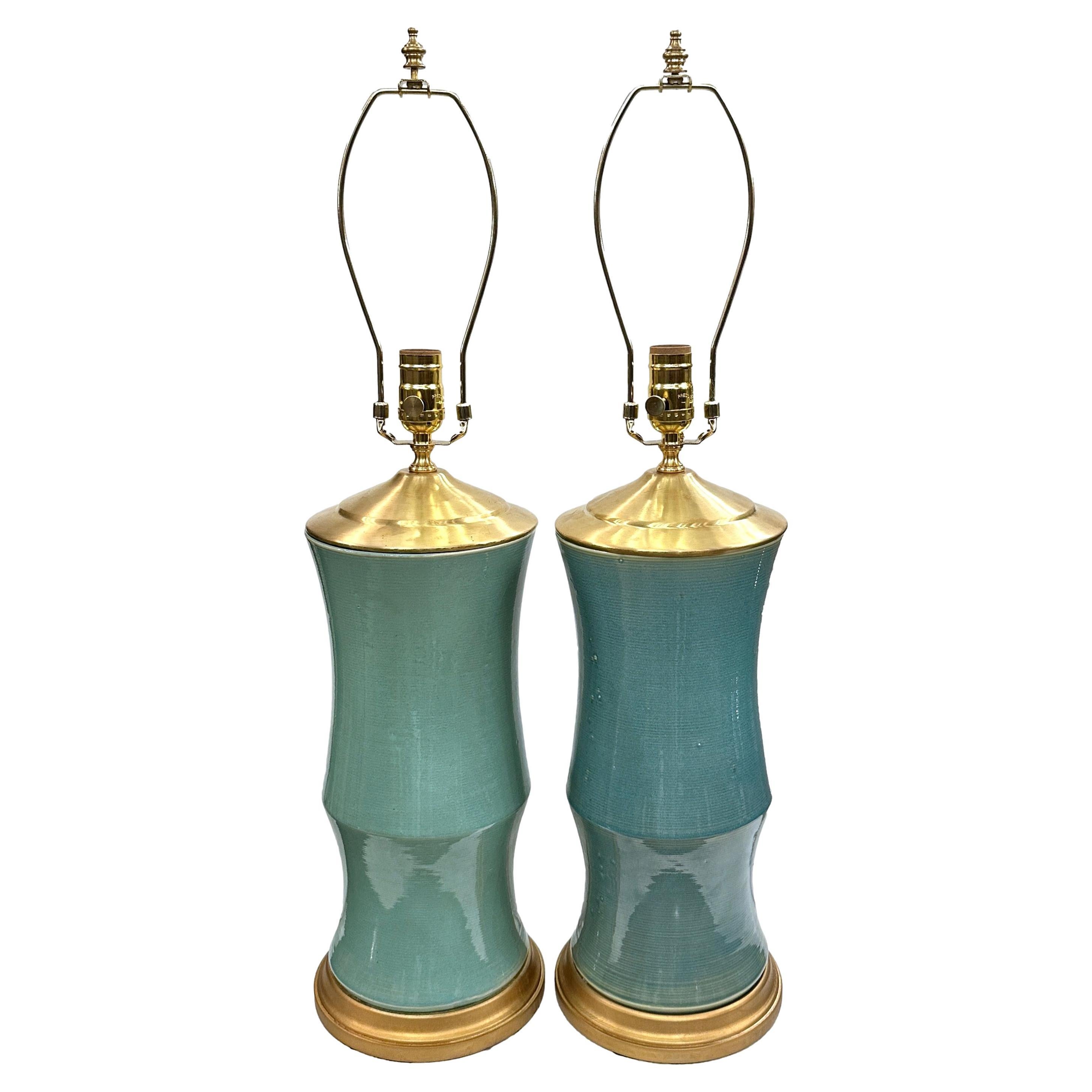 Pair of Large Celadon Lamps For Sale