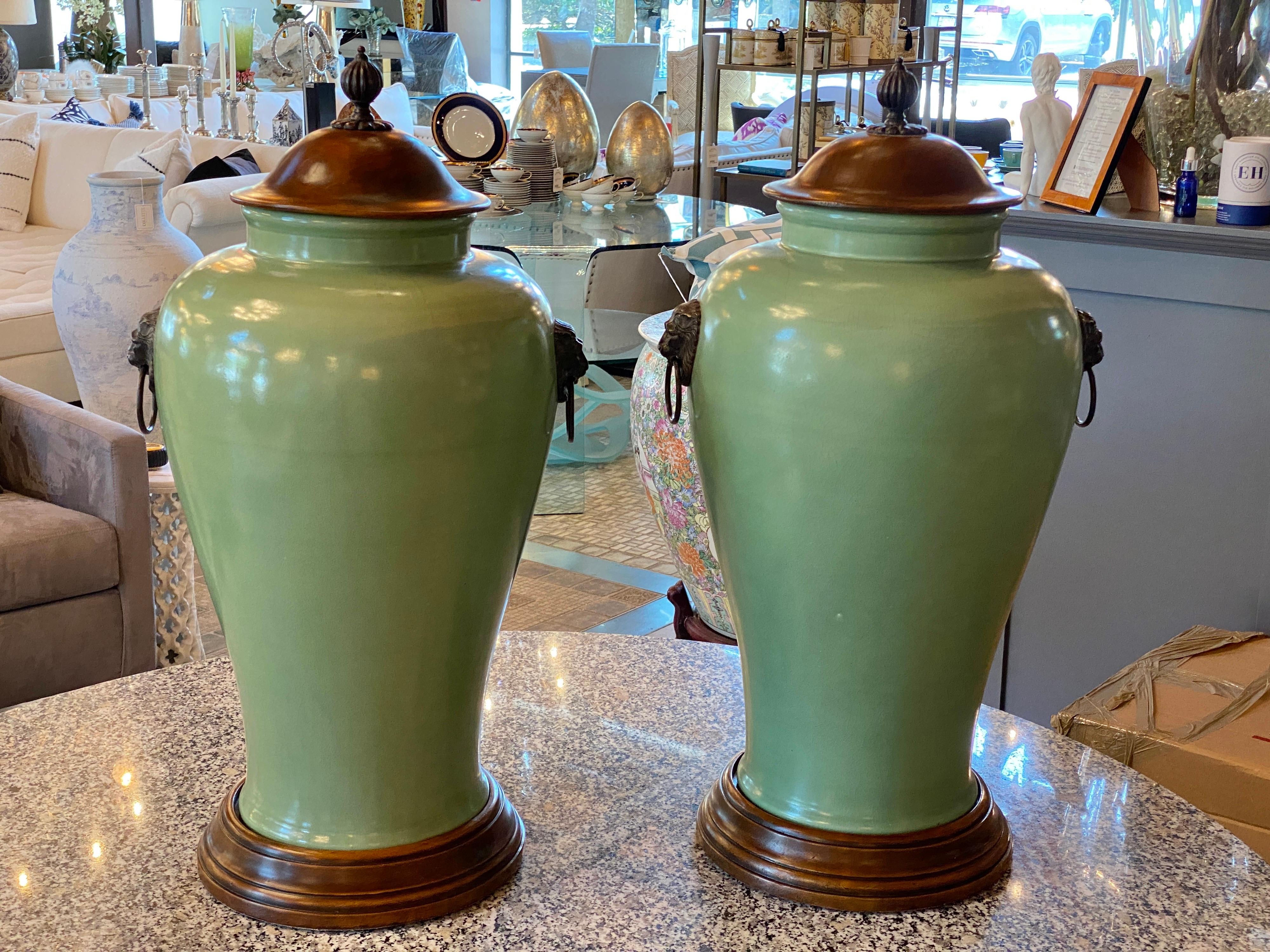 Pair of large Celadon Pottery Urns with Wooden Lids 4