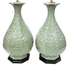 Pair of Large Celandon Lamps
