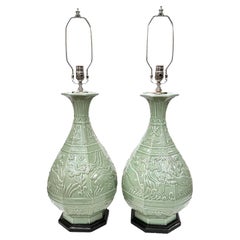 Vintage Pair of Large Celandon Lamps