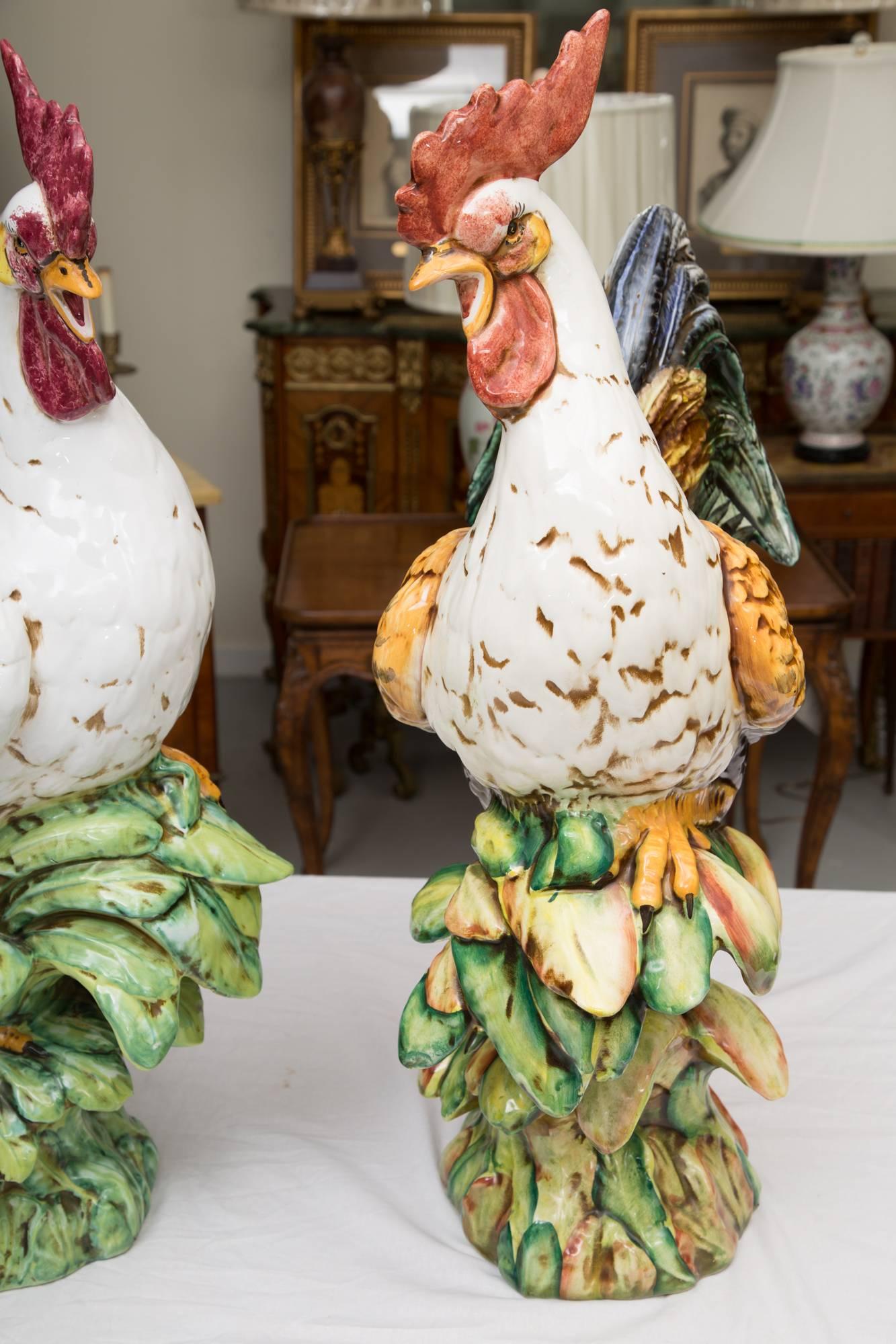 Other Pair of Large Ceramic Hand-Painted Cocks
