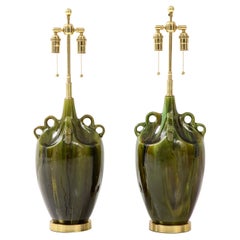 Pair of Large Ceramic Lamps with a Beautiful Drip Glazed Finish.