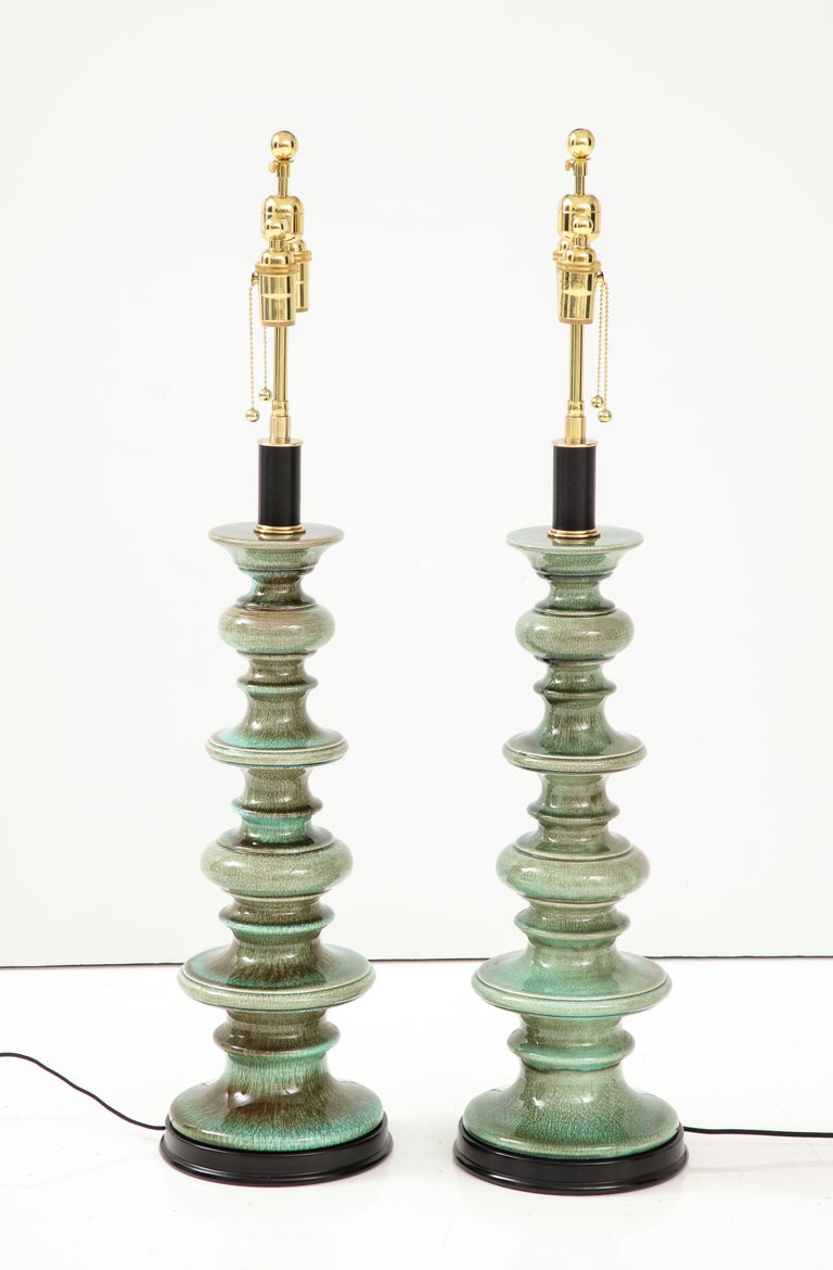 Pair of Large Ceramic Lamps with a Jade Green Crackle Glaze For Sale at
