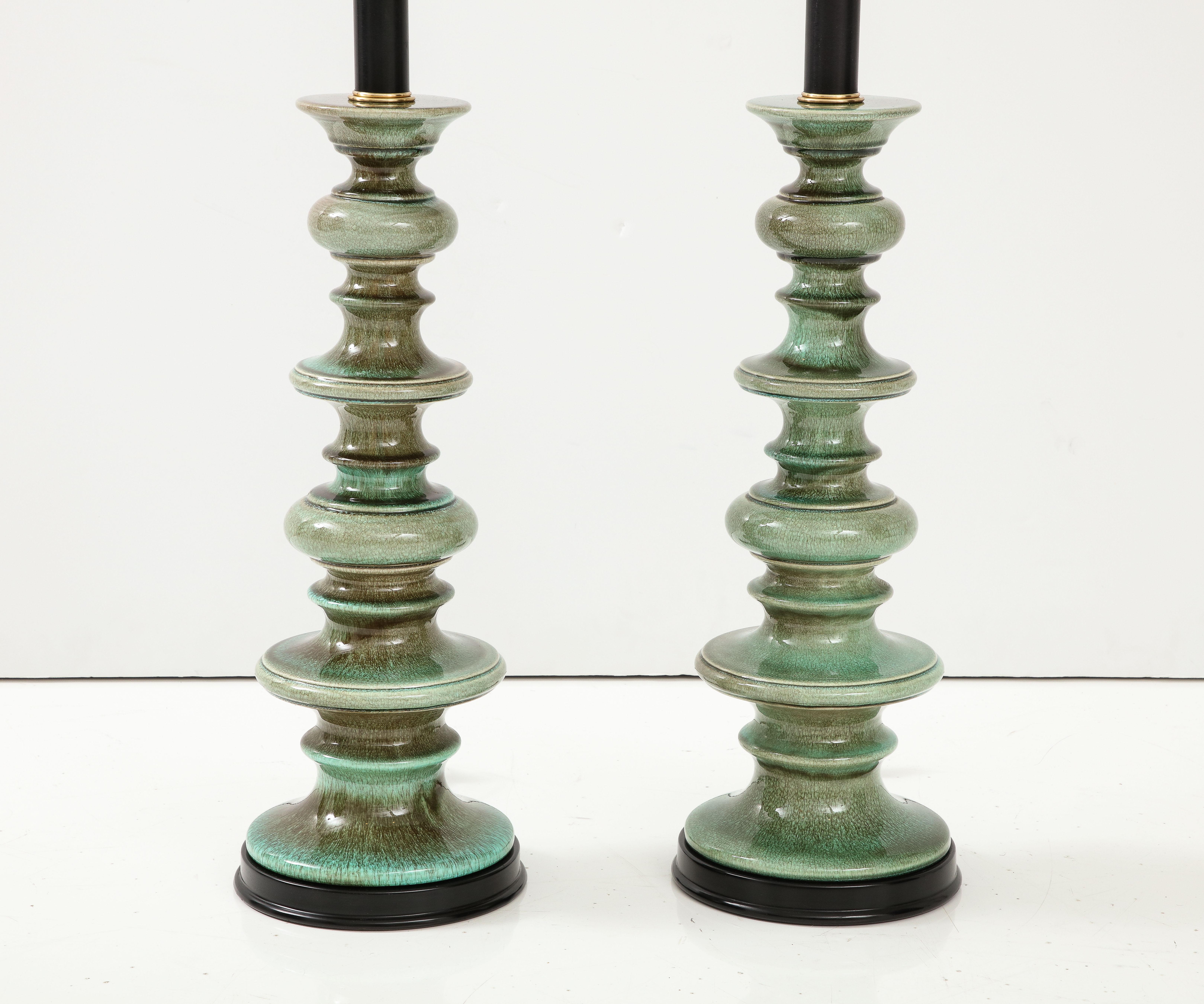 American Pair of Large Ceramic Lamps with a Jade Green Crackle Glaze