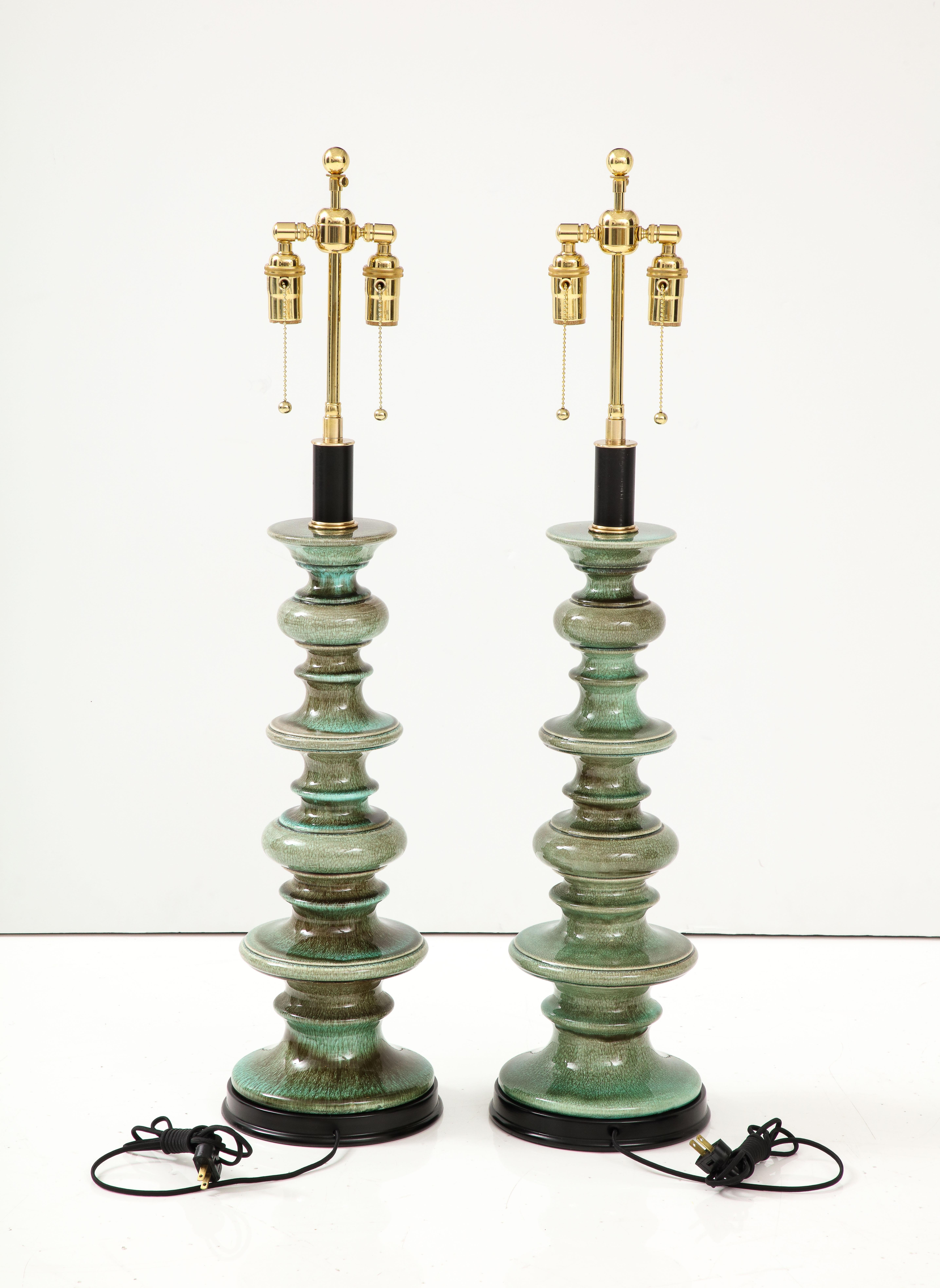 Pair of Large Ceramic Lamps with a Jade Green Crackle Glaze 1