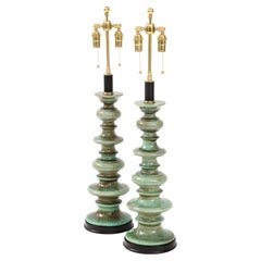 Retro Pair of Large Ceramic Lamps with a Jade Green Crackle Glaze