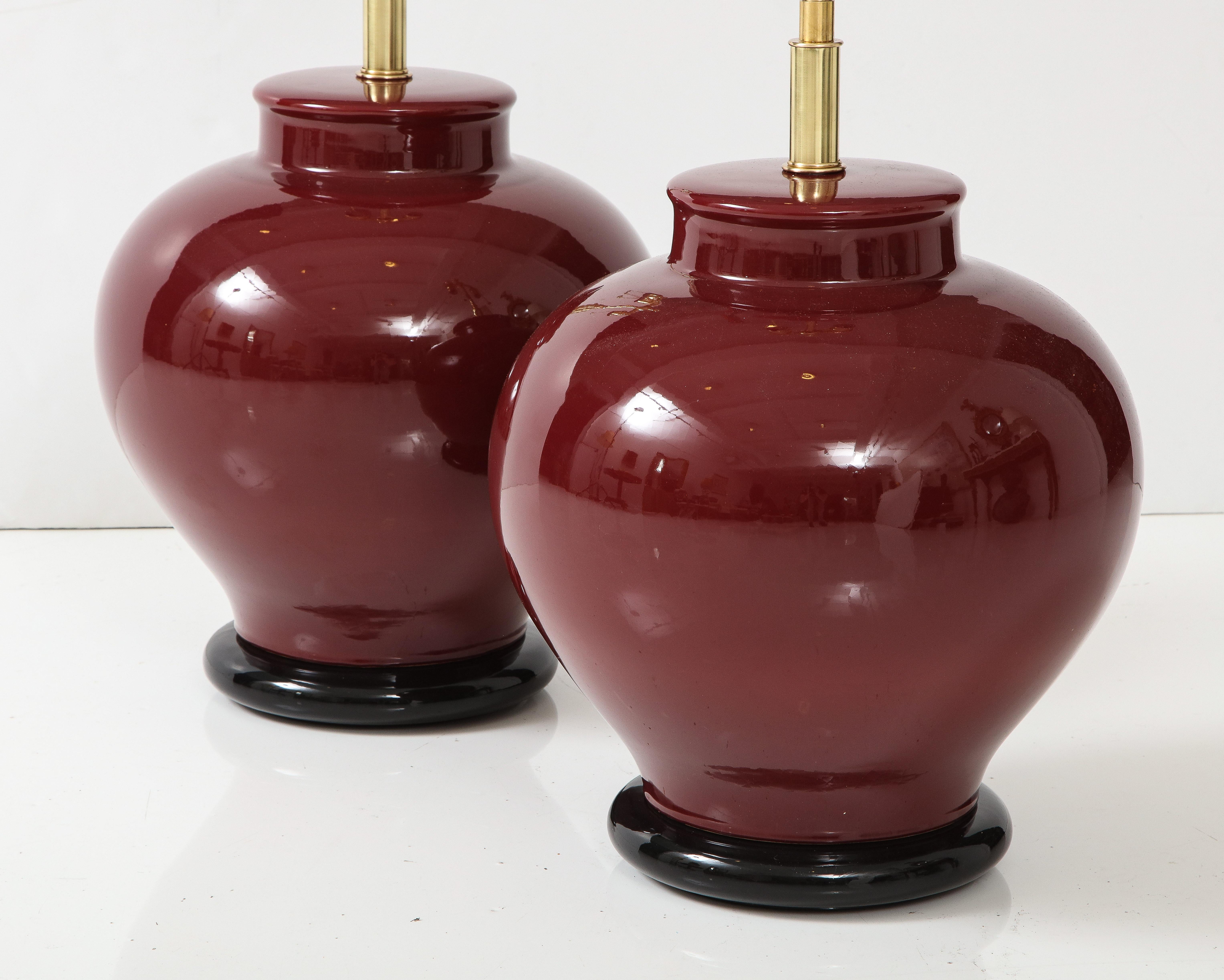 American Pair of Large Ceramic Lamps with a Rich Burgundy Glaze Finish For Sale