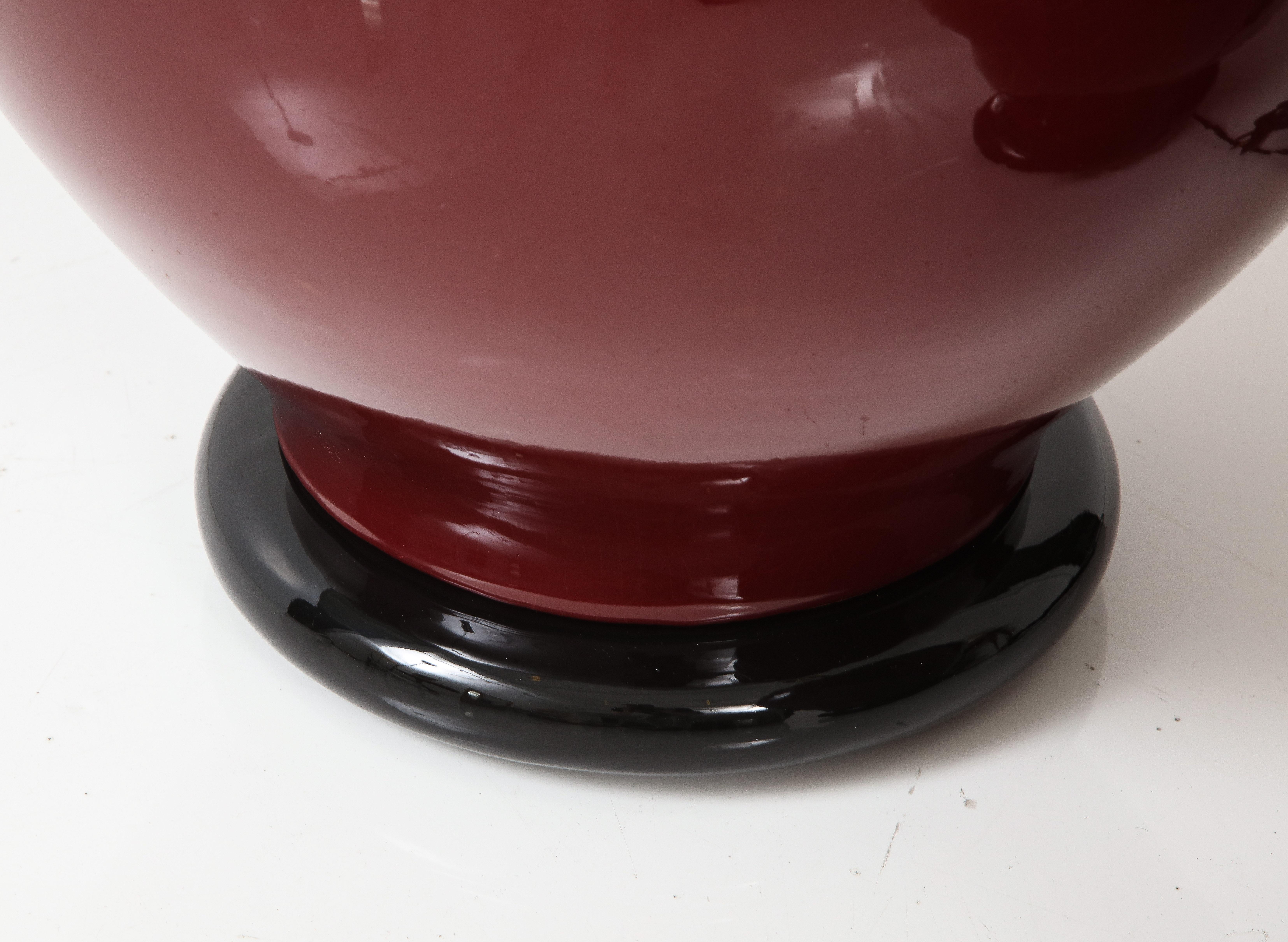 Late 20th Century Pair of Large Ceramic Lamps with a Rich Burgundy Glaze Finish For Sale