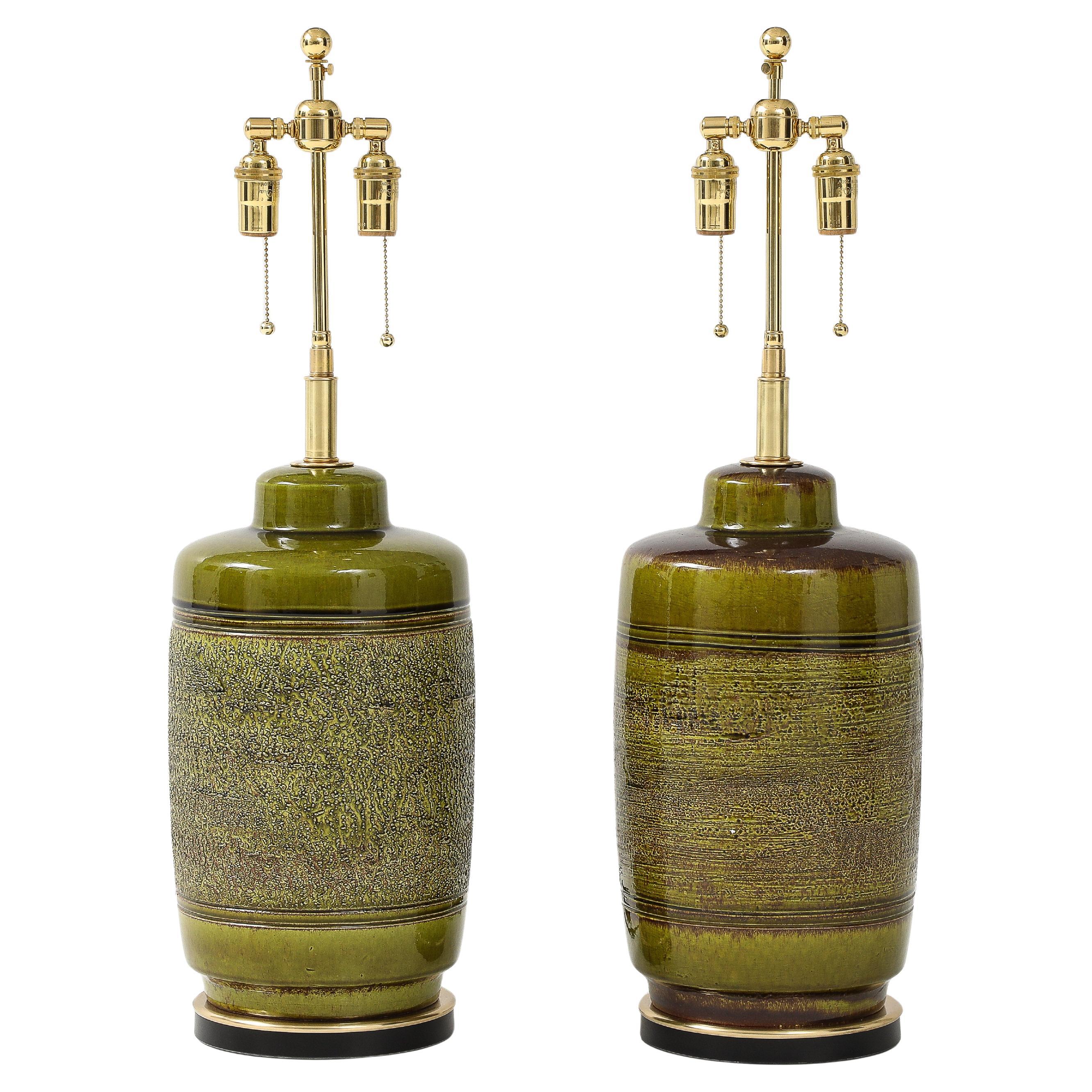 Pair of Large Ceramic Lamps With A wonderful Textured Moss Glaze Finish.