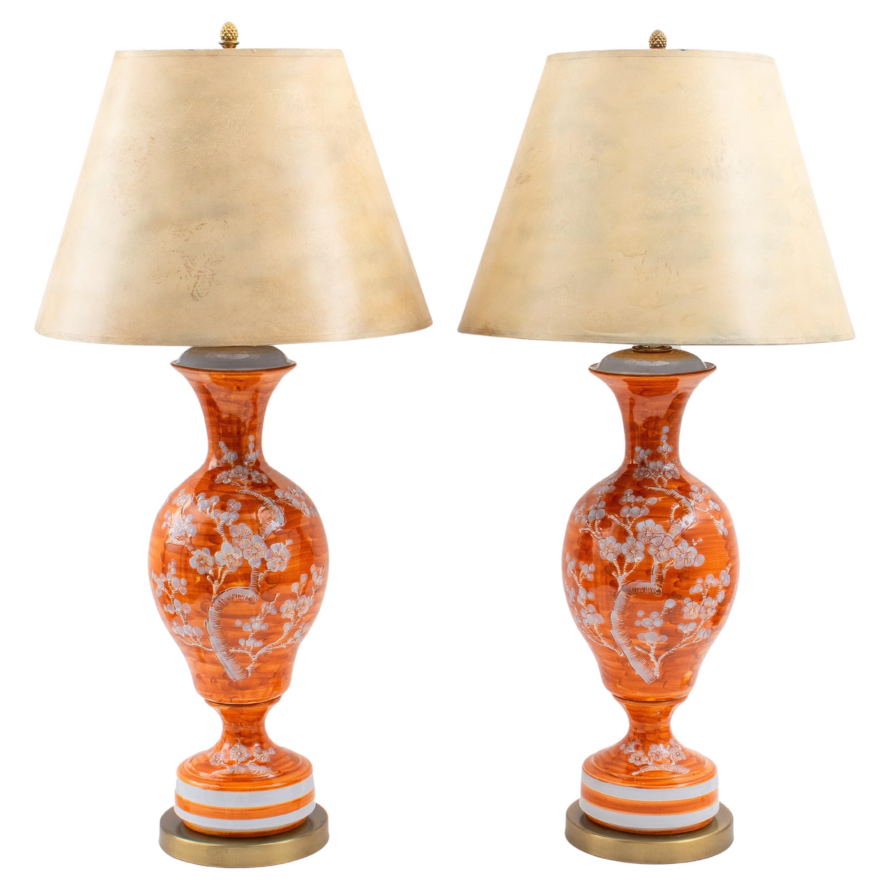 Pair of Large Ceramic Lamps with Hand Painted Asian Design