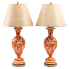 Pair of Large Ceramic Lamps with Hand Painted Asian Design