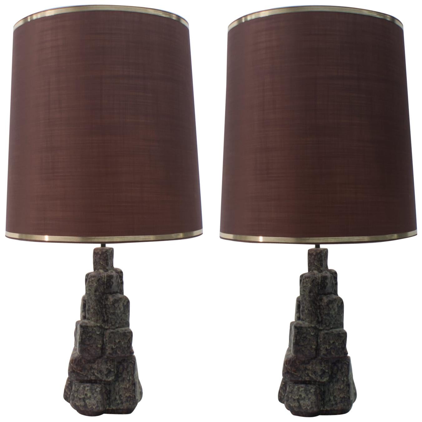 Pair of Large Ceramic Table Lamps in the Shape of Rocks, 1960s Italy