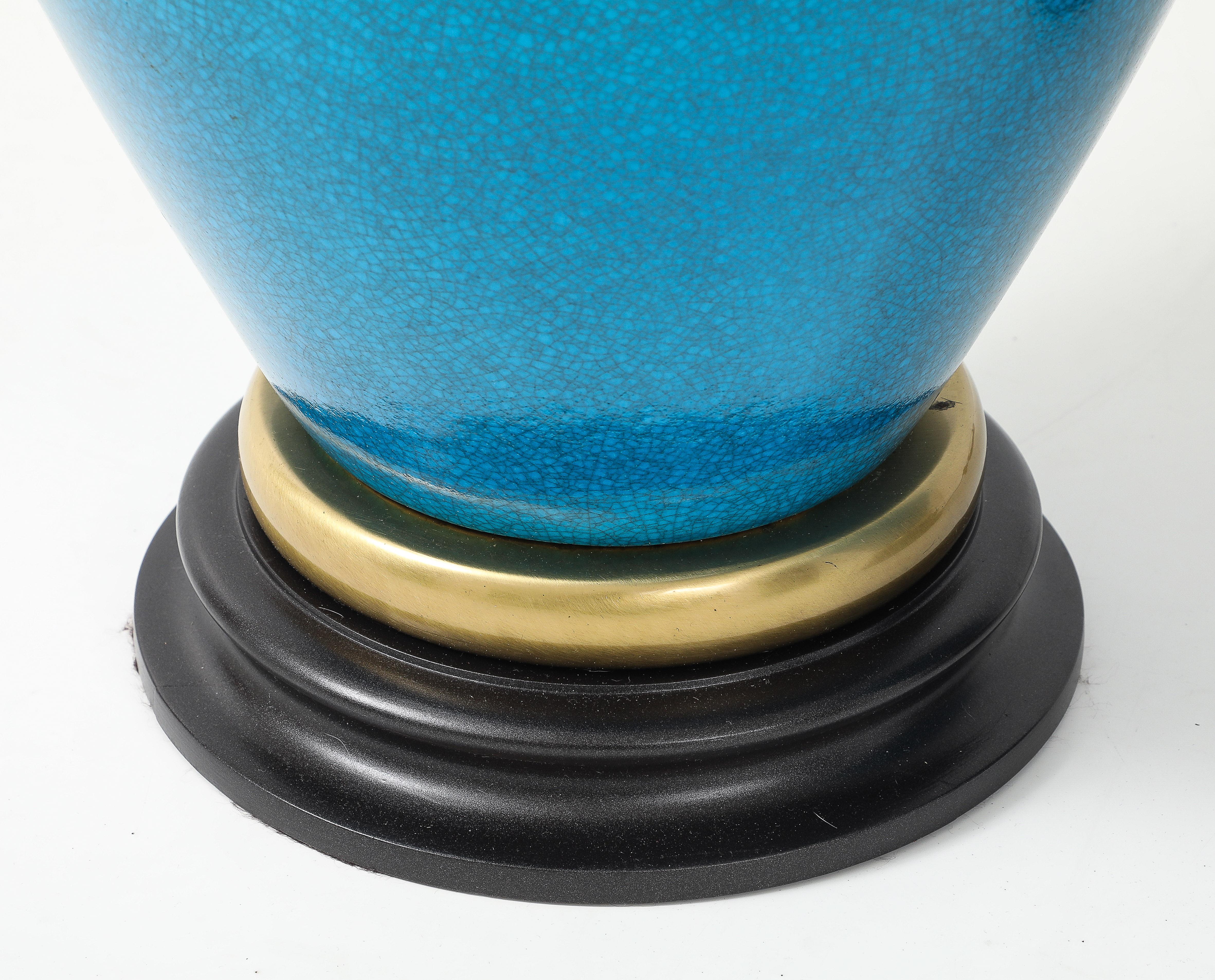 Pair of Large Cerulean Blue Crackle Glazed Lamps by Frederick Cooper Lamp Co For Sale 3