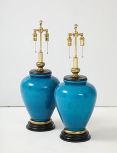 Pair of Large Cerulean Blue Crackle Glazed Lamps by Frederick Cooper Lamp Co