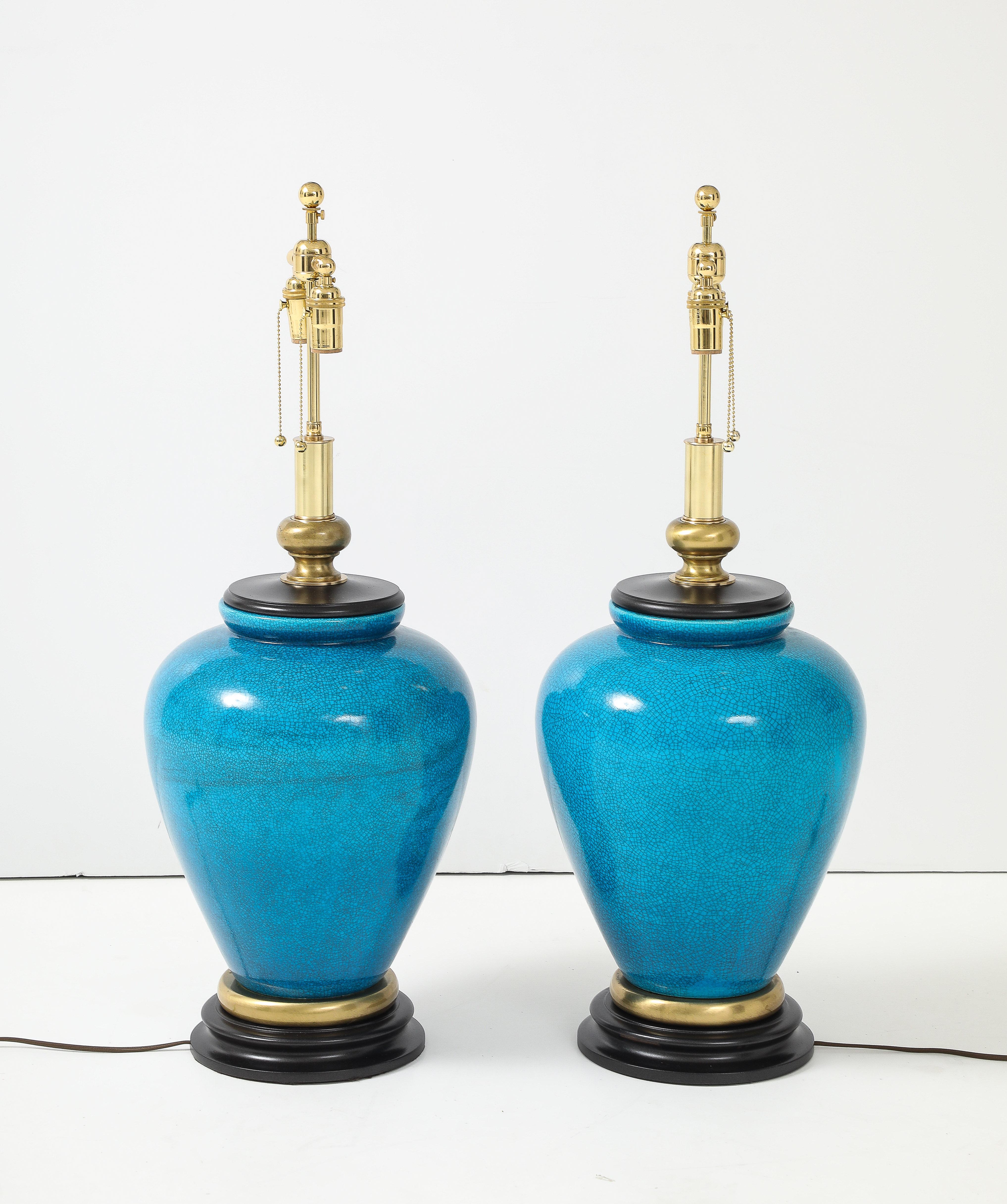 Mid-Century Modern Pair of Large Cerulean Blue Crackle Glazed Lamps by Frederick Cooper Lamp Co For Sale