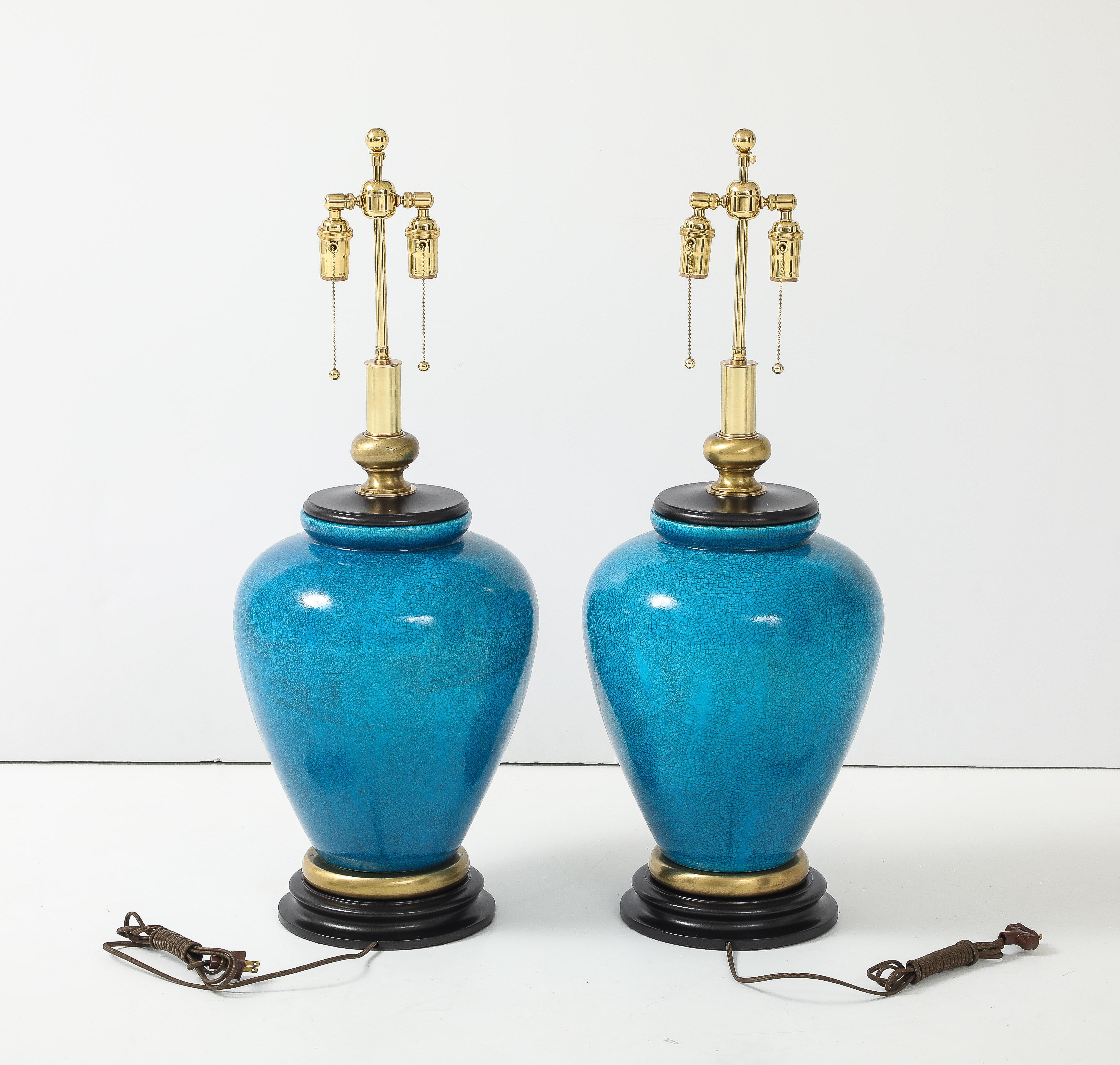 American Pair of Large Cerulean Blue Crackle Glazed Lamps by Frederick Cooper Lamp Co For Sale