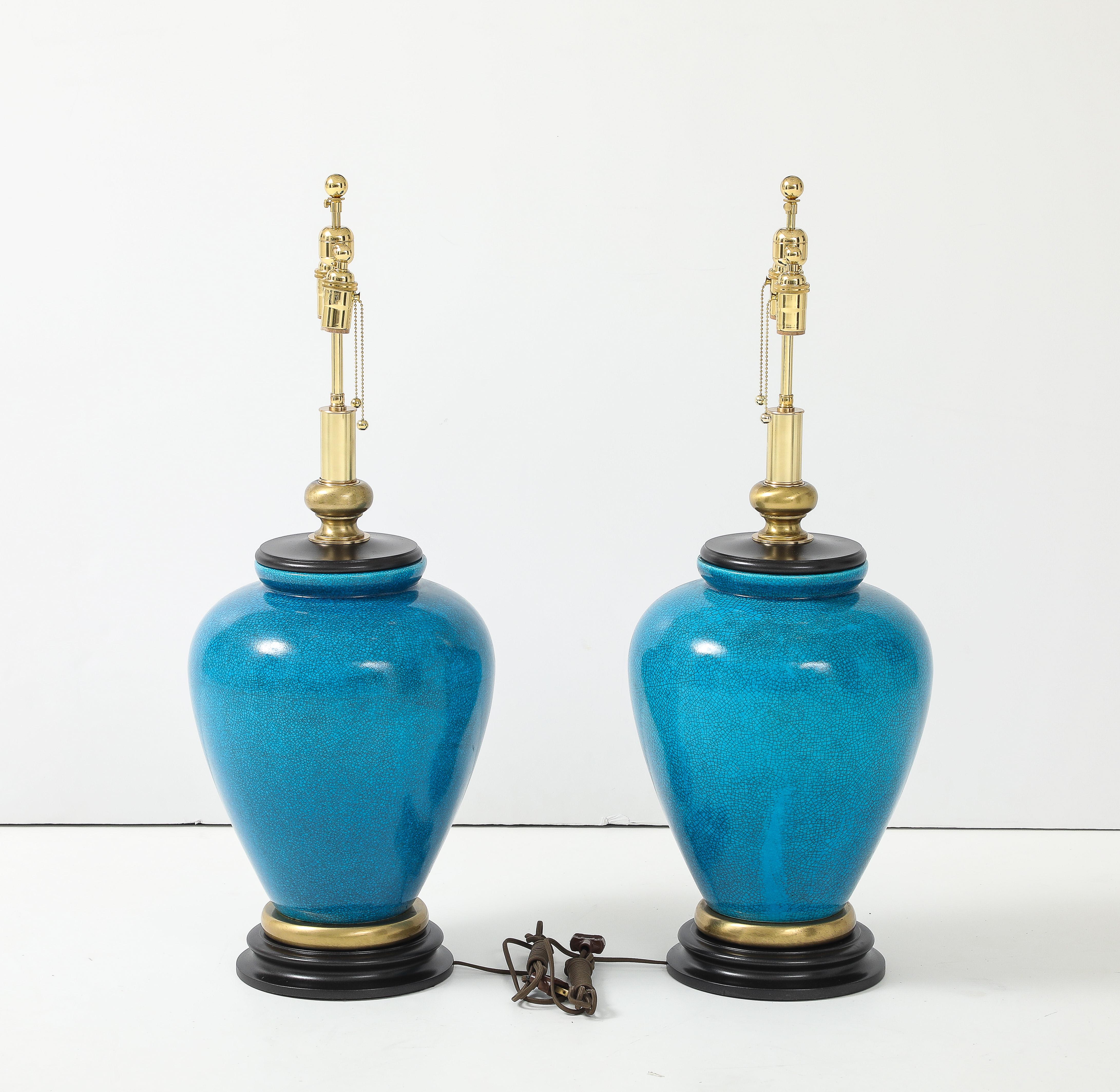 Pair of Large Cerulean Blue Crackle Glazed Lamps by Frederick Cooper Lamp Co In Excellent Condition For Sale In New York, NY