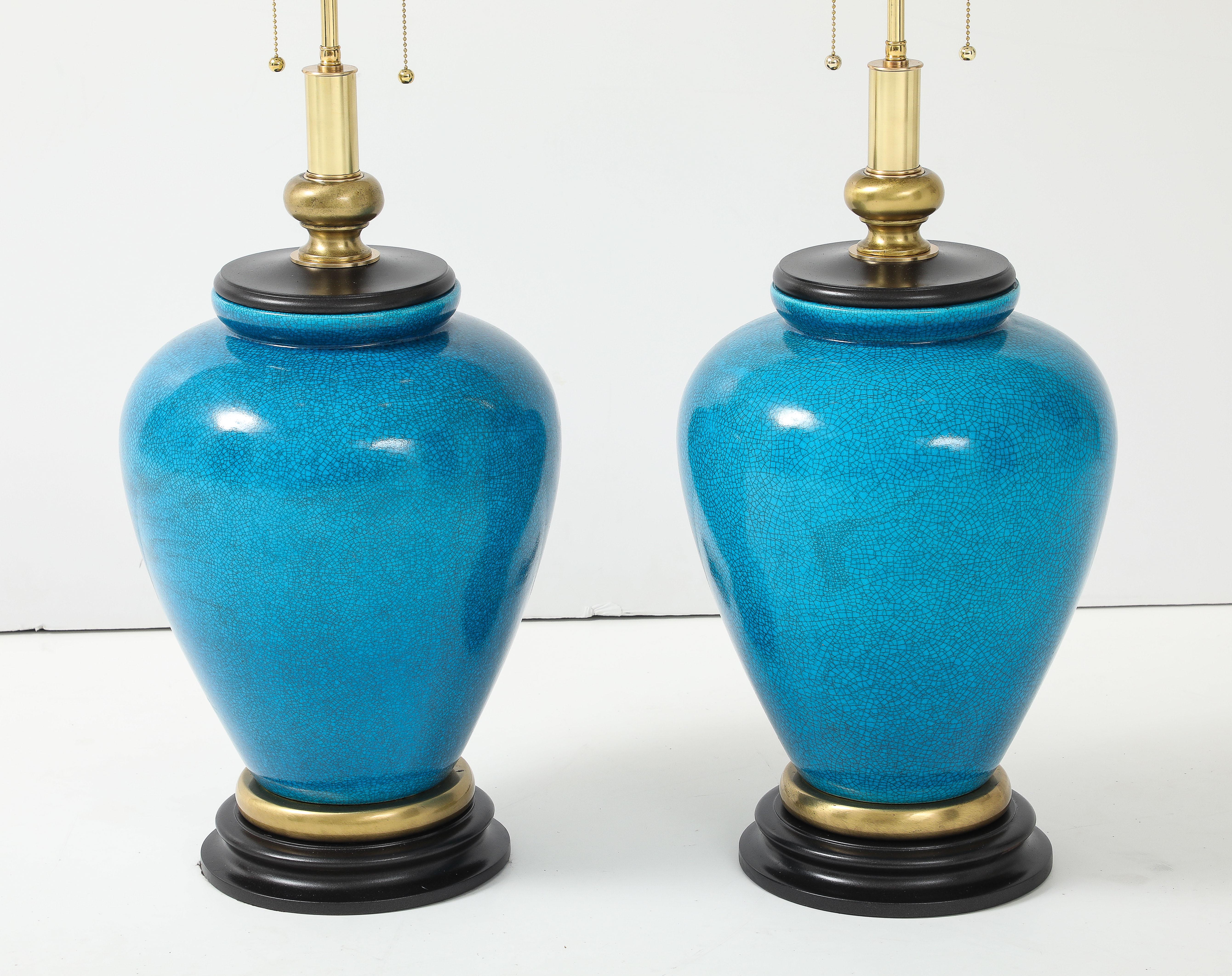 Mid-20th Century Pair of Large Cerulean Blue Crackle Glazed Lamps by Frederick Cooper Lamp Co For Sale